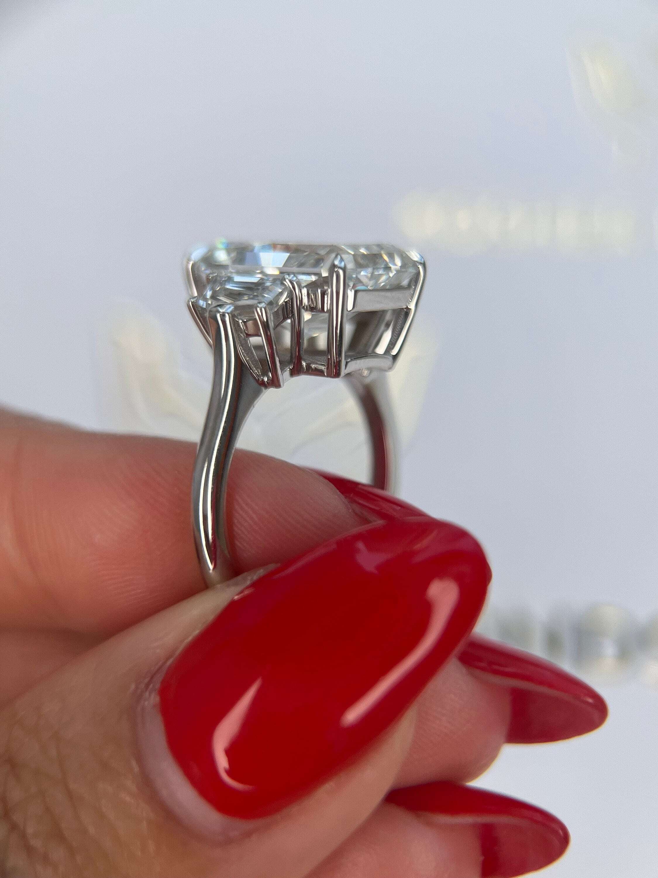 6.70 Carat Elongated Radiant Cut Three Stone Diamond Engagement Ring Side Cadillac Shape Diamonds