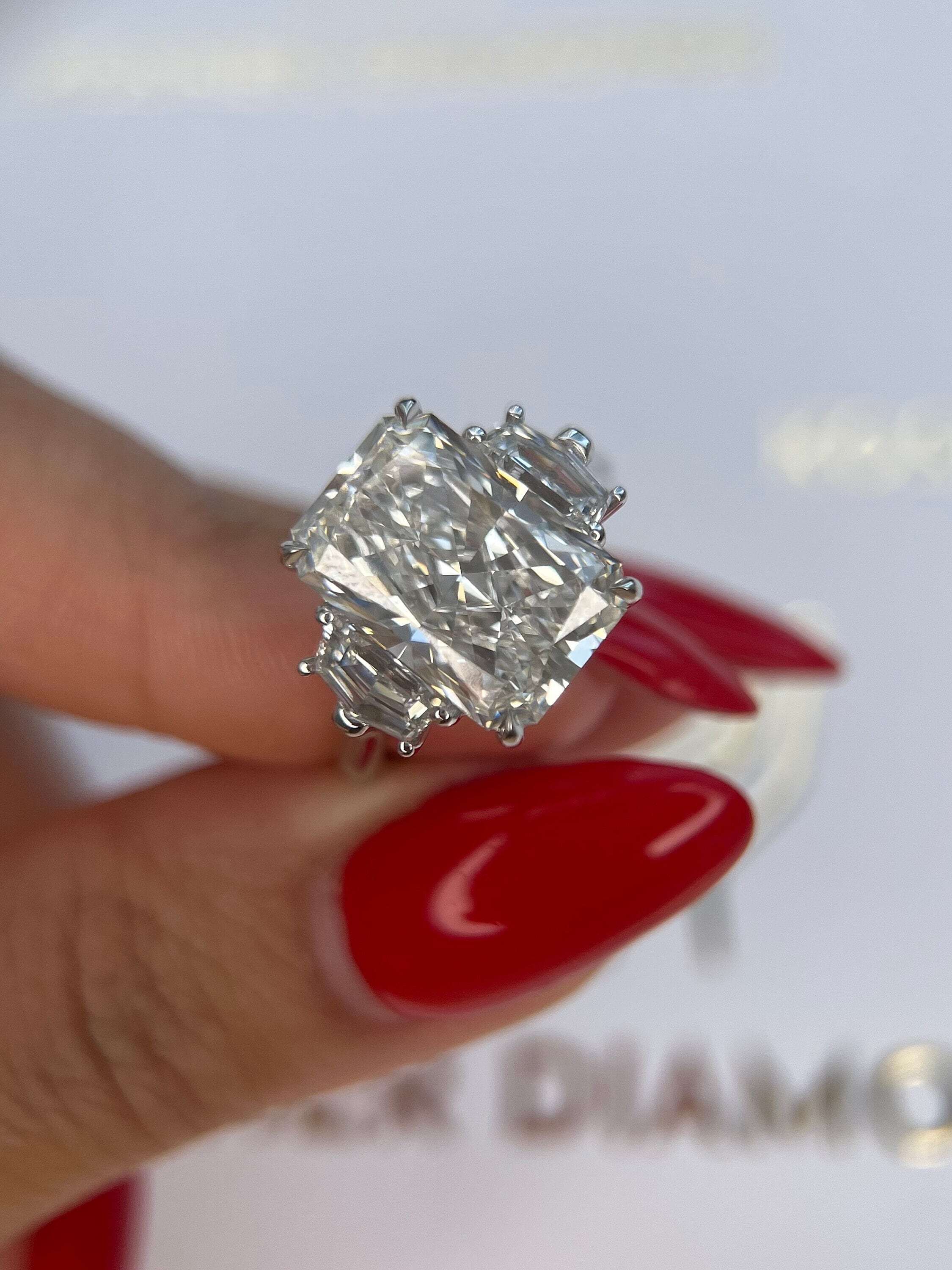 6.70 Carat Elongated Radiant Cut Three Stone Diamond Engagement Ring Side Cadillac Shape Diamonds