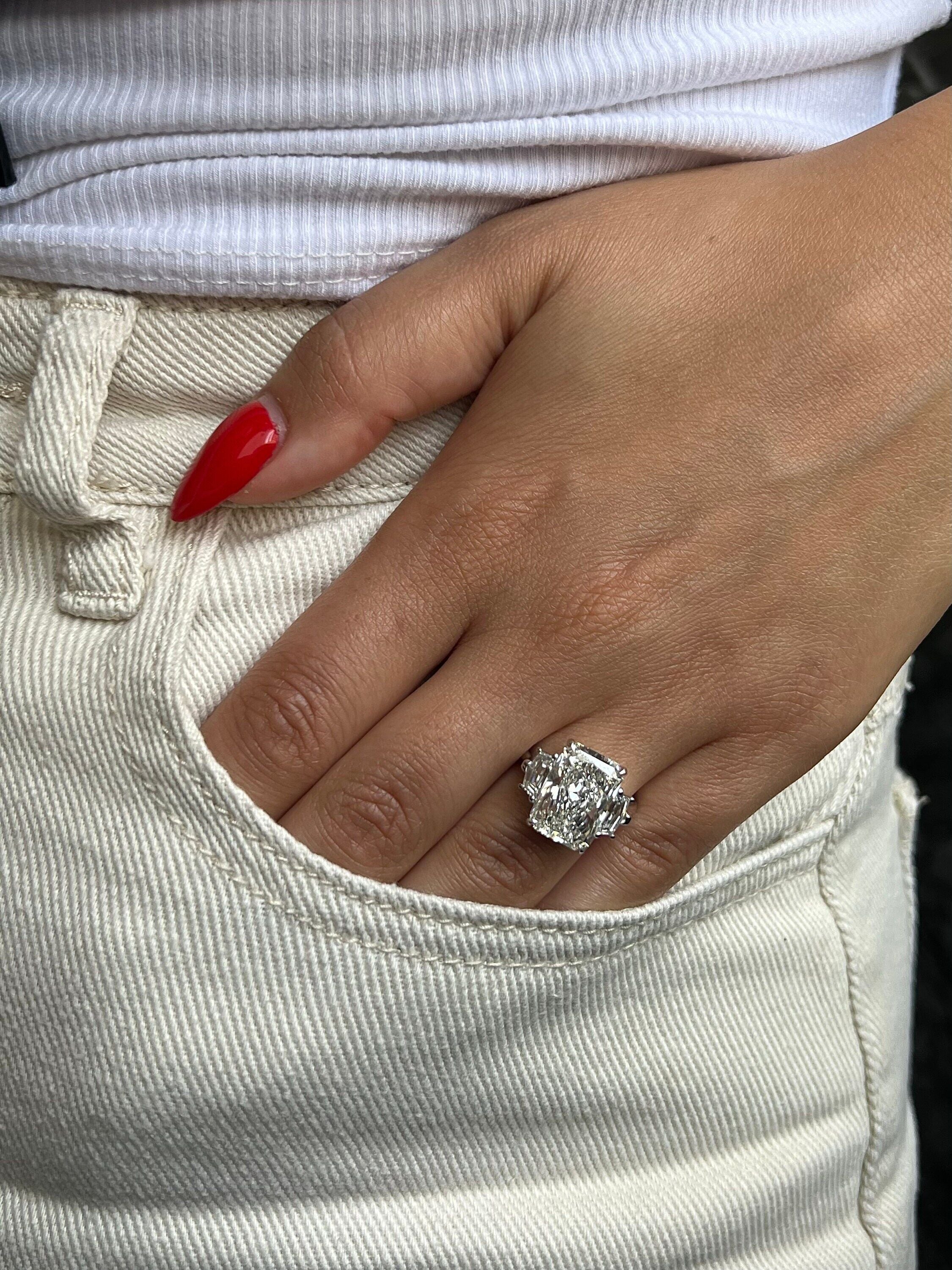 6.70 Carat Elongated Radiant Cut Three Stone Diamond Engagement Ring Side Cadillac Shape Diamonds