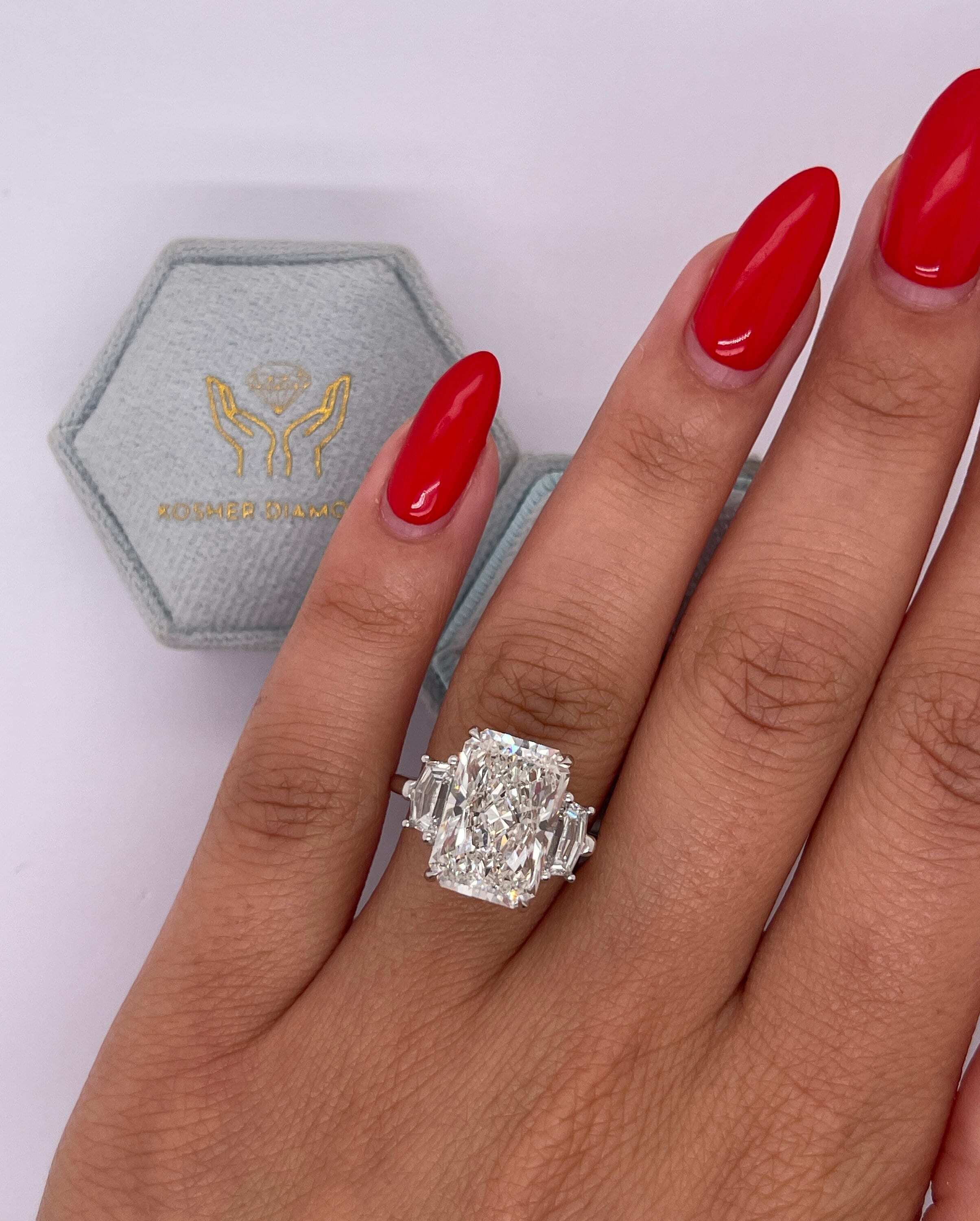 6.70 Carat Elongated Radiant Cut Three Stone Diamond Engagement Ring Side Cadillac Shape Diamonds