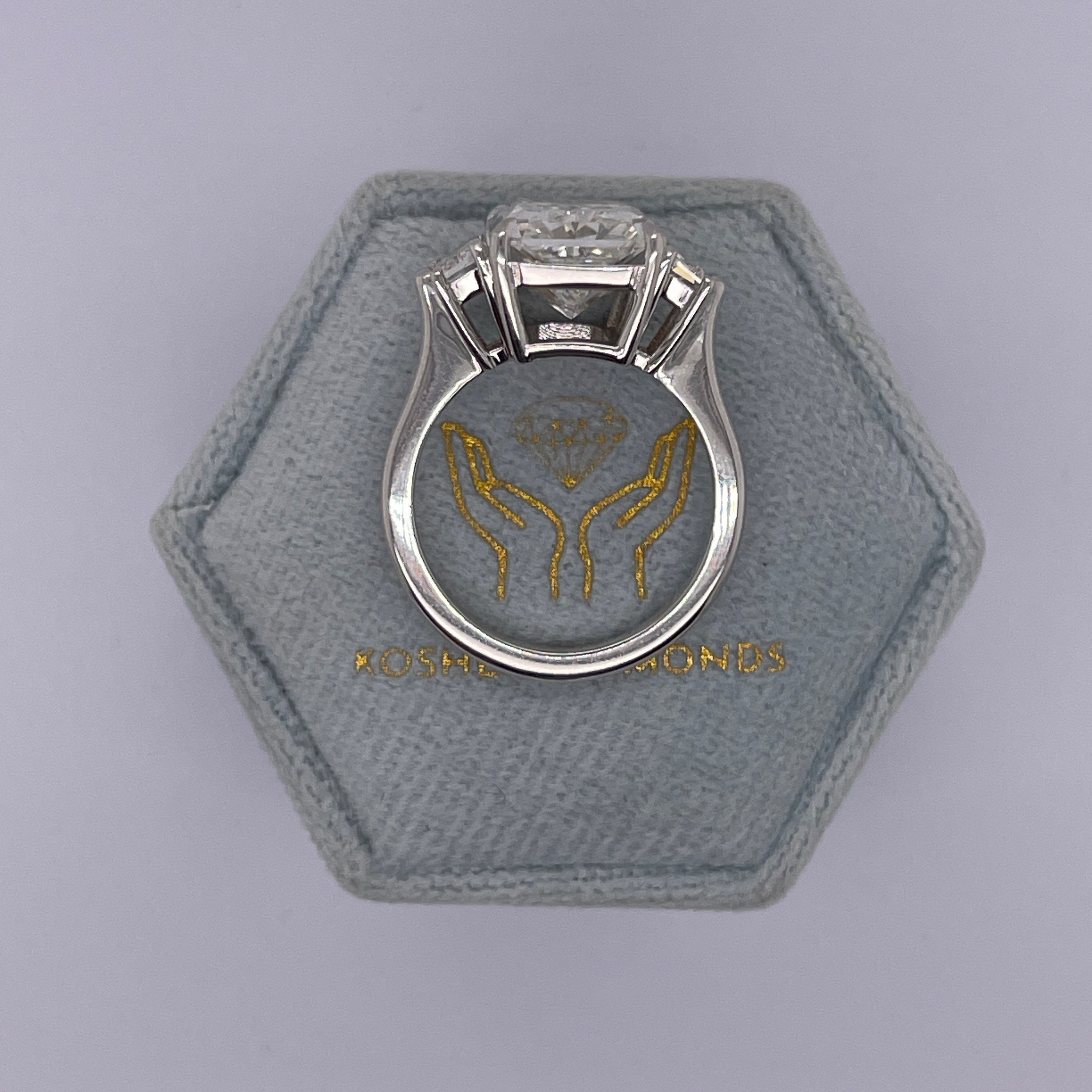 6.70 Carat Elongated Radiant Cut Three Stone Diamond Engagement Ring Side Cadillac Shape Diamonds
