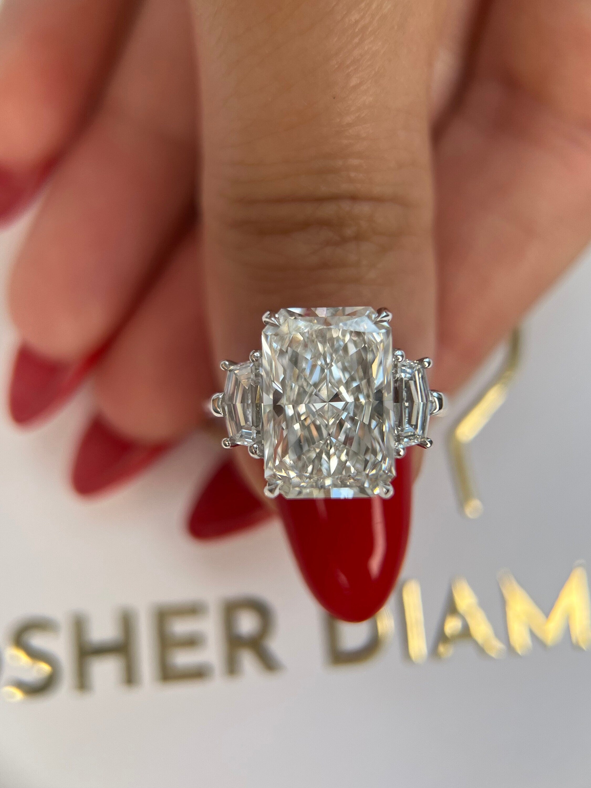 6.70 Carat Elongated Radiant Cut Three Stone Diamond Engagement Ring Side Cadillac Shape Diamonds