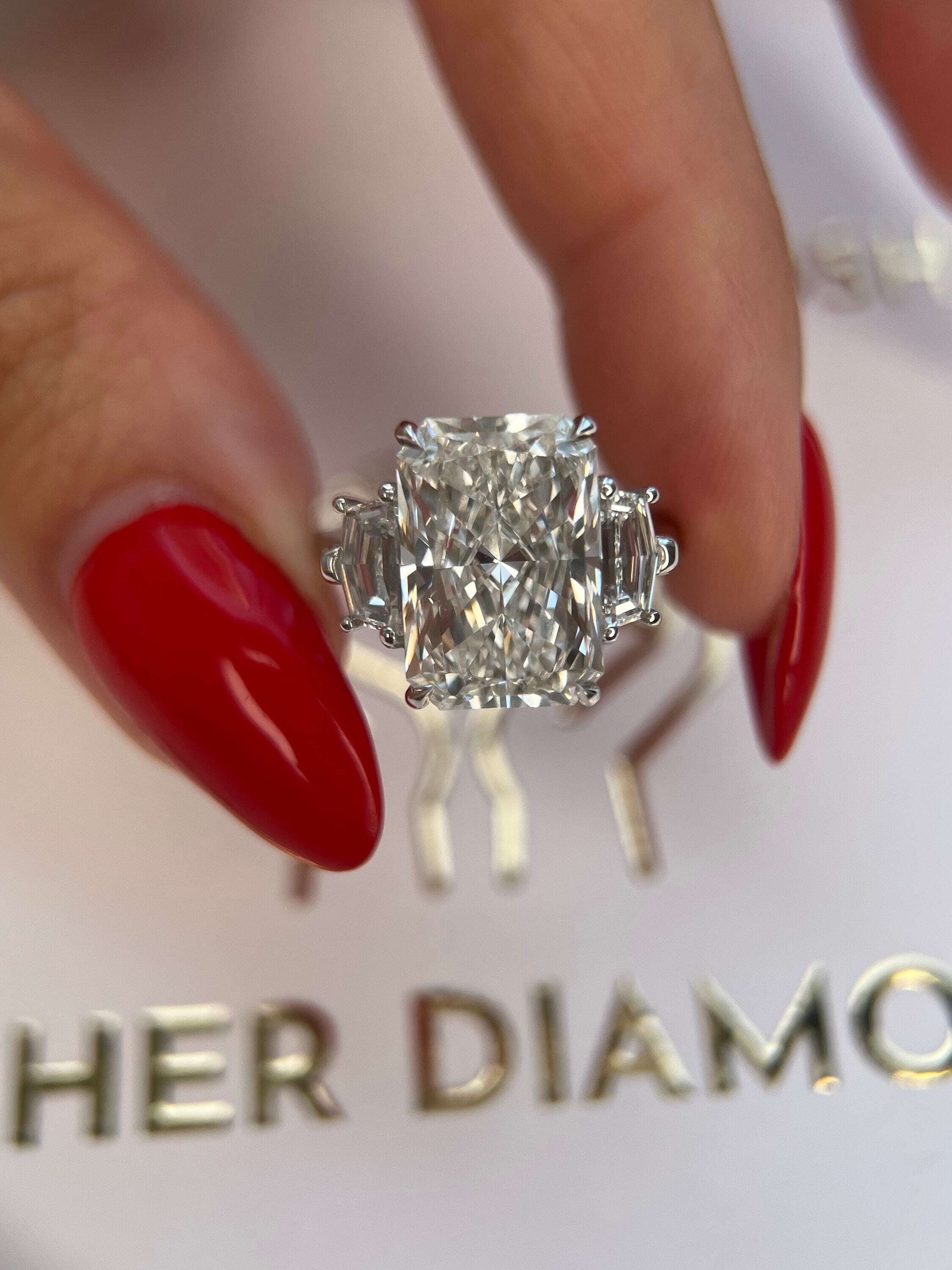 6.70 Carat Elongated Radiant Cut Three Stone Diamond Engagement Ring Side Cadillac Shape Diamonds
