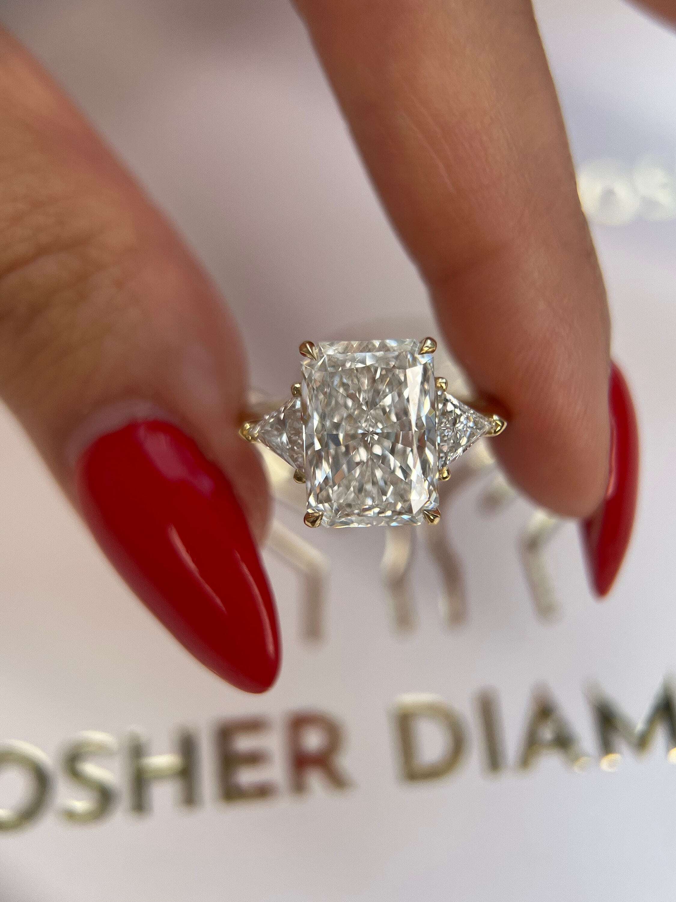 6.5 Carat Radiant Cut Three Stone Diamond Engagement Ring Side Trillion Cuts