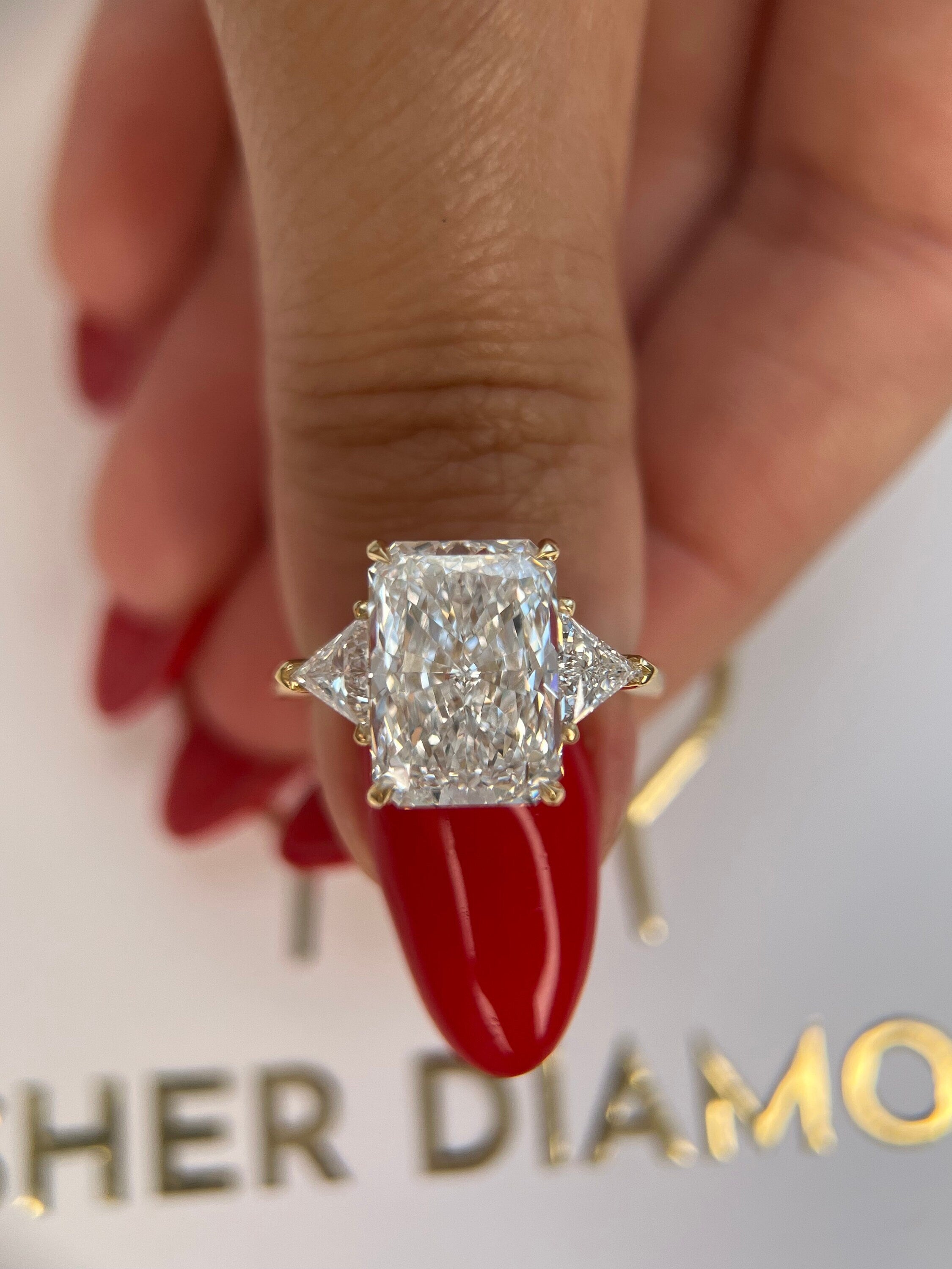 6.5 Carat Radiant Cut Three Stone Diamond Engagement Ring Side Trillion Cuts