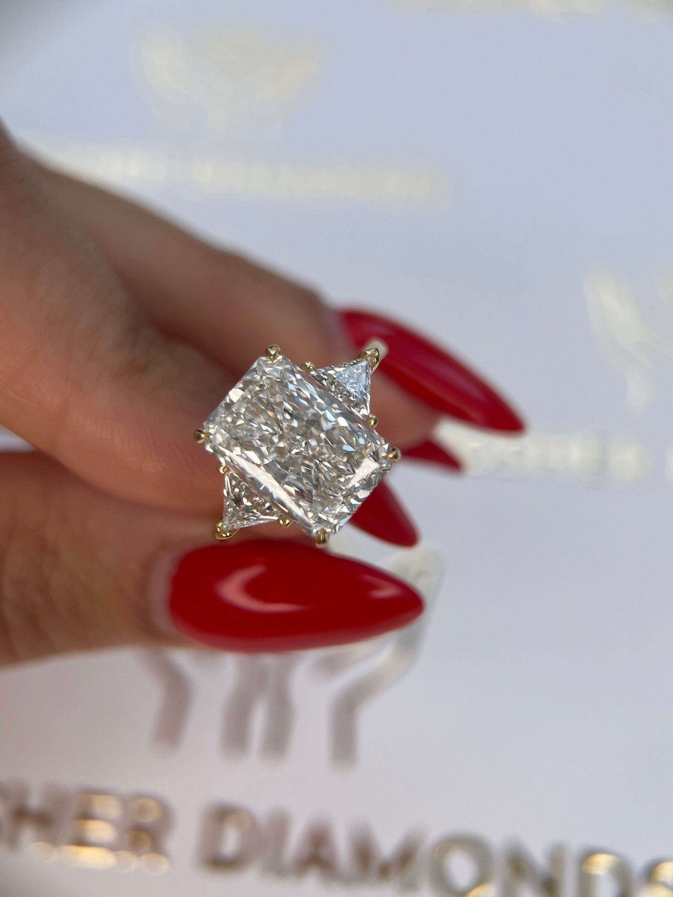 6.5 Carat Radiant Cut Three Stone Diamond Engagement Ring Side Trillion Cuts