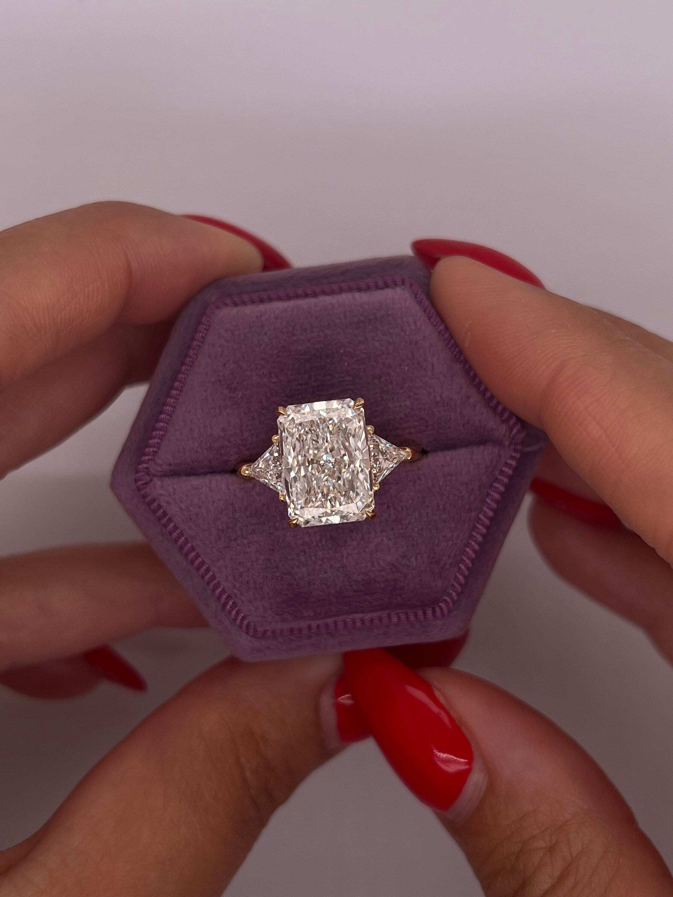 6.5 Carat Radiant Cut Three Stone Diamond Engagement Ring Side Trillion Cuts