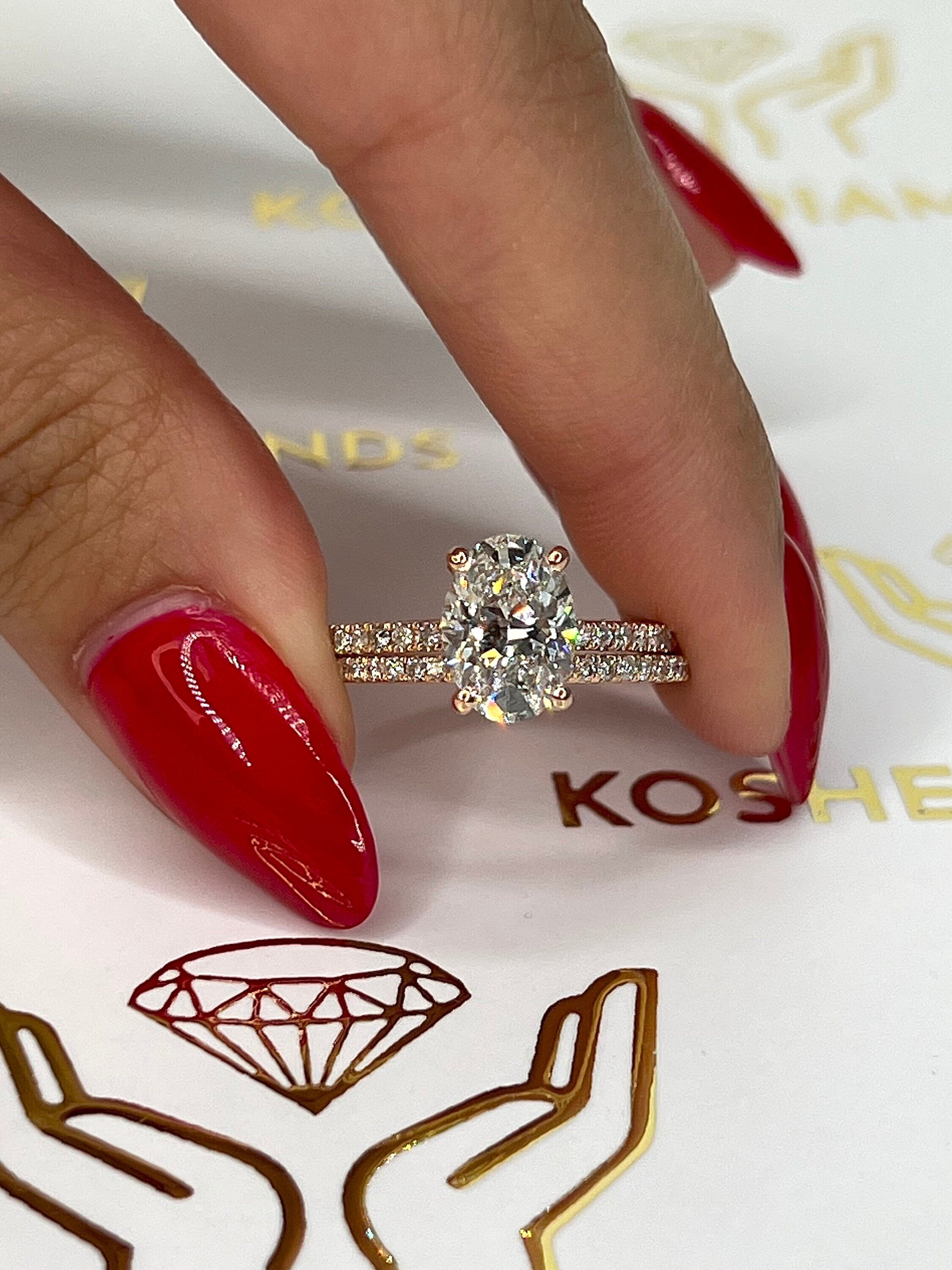2.5 Carat Oval Cut Solitaire Hidden Halo Diamond Engagement Ring Set with Matching Round Diamond Band