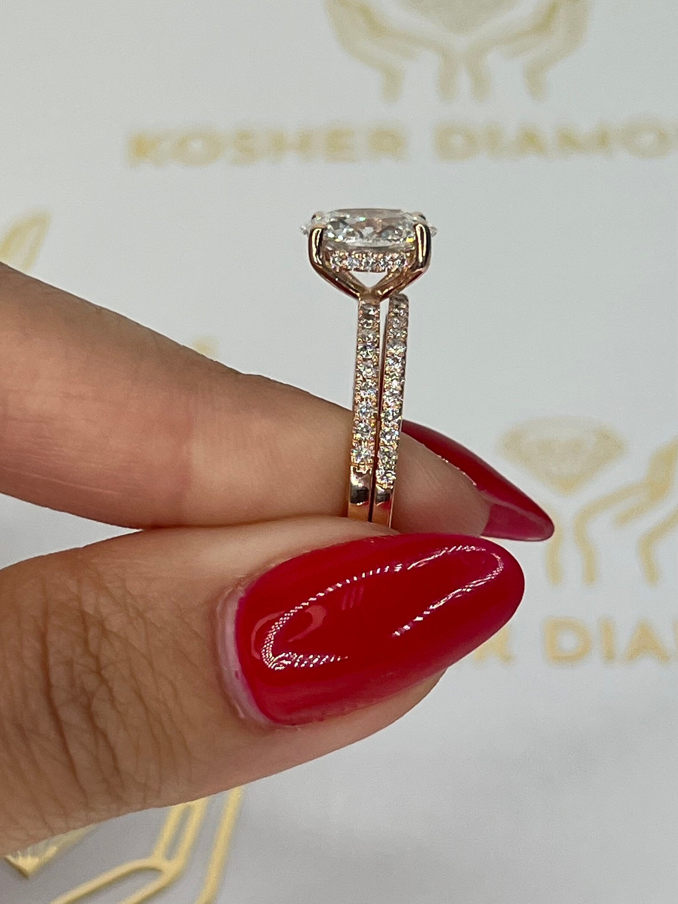 2.5 Carat Oval Cut Solitaire Hidden Halo Diamond Engagement Ring Set with Matching Round Diamond Band