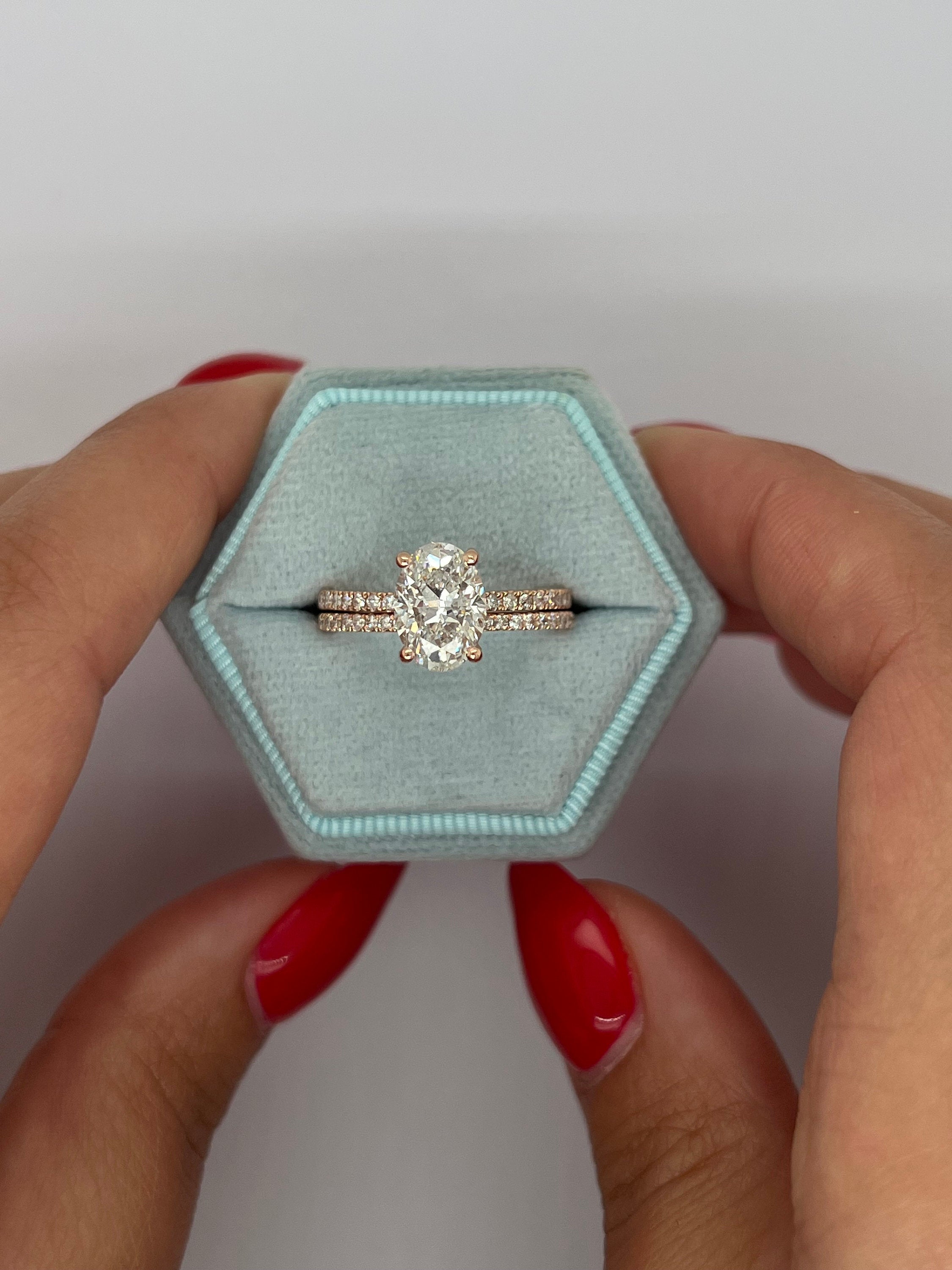 2.5 Carat Oval Cut Solitaire Hidden Halo Diamond Engagement Ring Set with Matching Round Diamond Band