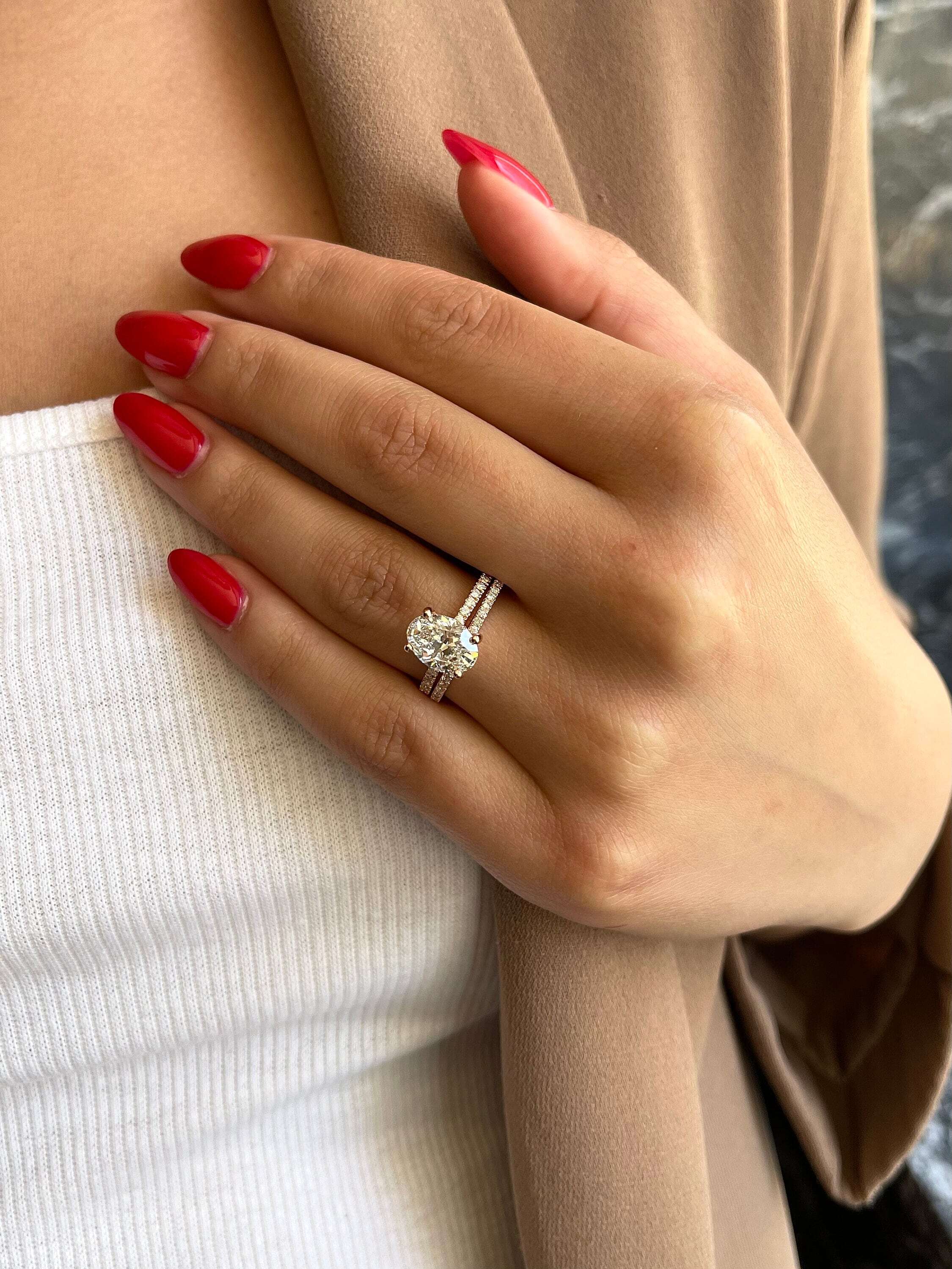 2.5 Carat Oval Cut Solitaire Hidden Halo Diamond Engagement Ring Set with Matching Round Diamond Band