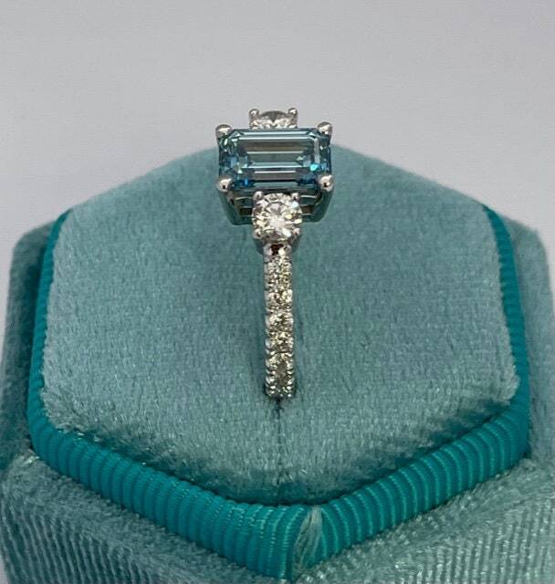 2.3 Carat Fancy Vivid Blue Emerald Diamond Three Stone Engagement Ring