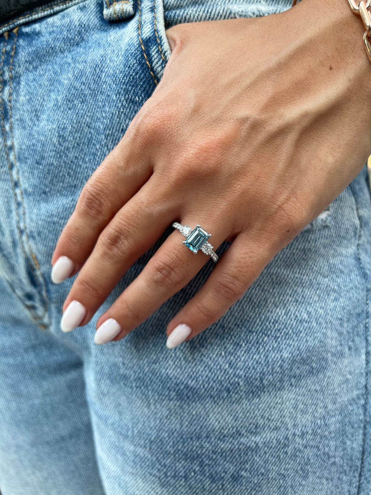 2.3 Carat Fancy Vivid Blue Emerald Diamond Three Stone Engagement Ring