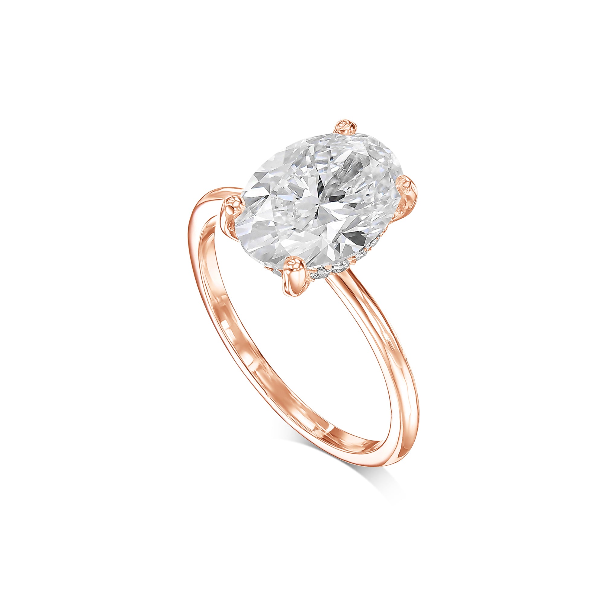 3 Carat Oval Cut Diamond Solitaire Engagement Ring, Hidden Halo of Round Diamonds