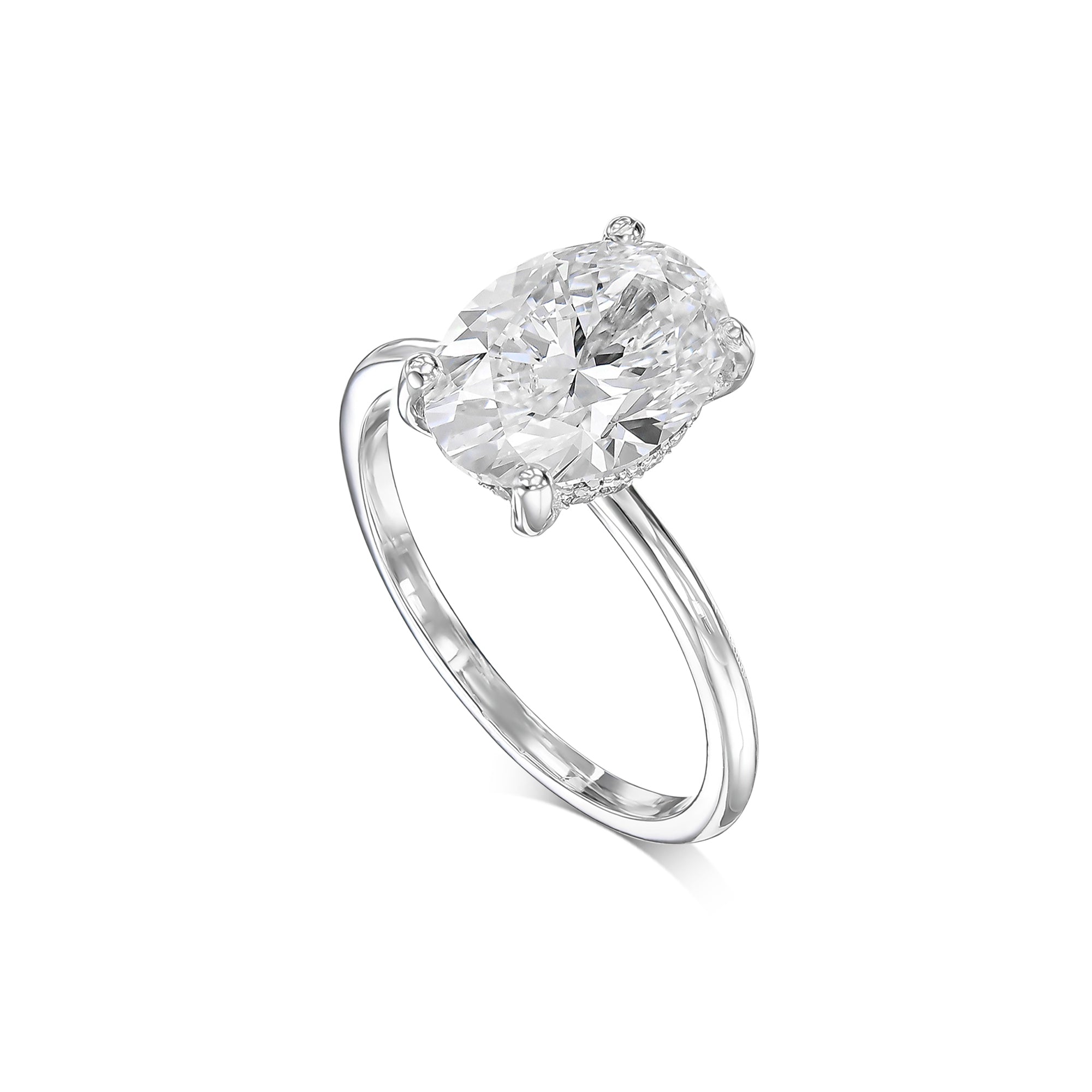 3 Carat Oval Cut Diamond Solitaire Engagement Ring, Hidden Halo of Round Diamonds
