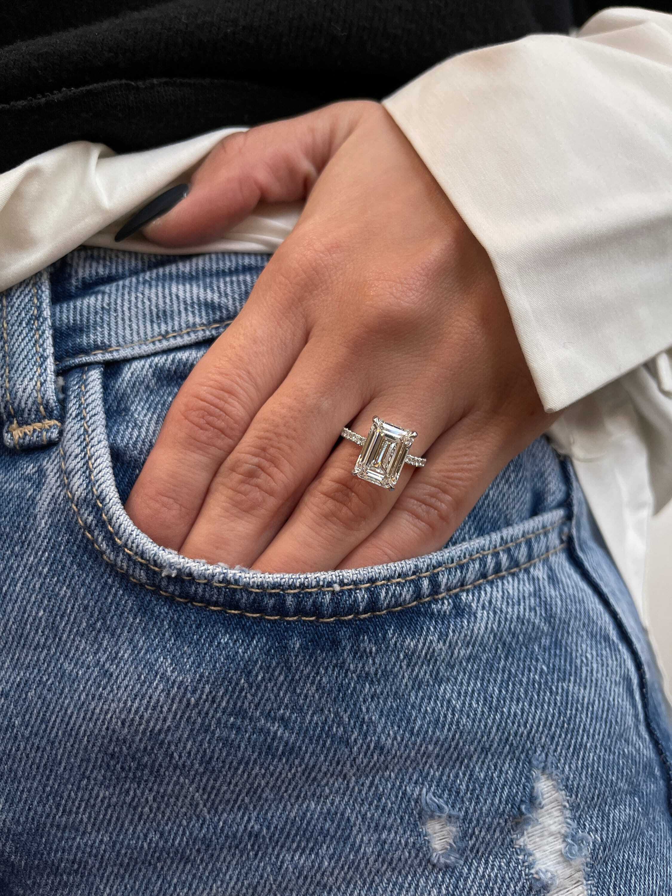 5.3 Carat Emerald Cut Diamond Solitaire Hidden Halo Engagement Ring, Side Round Diamonds