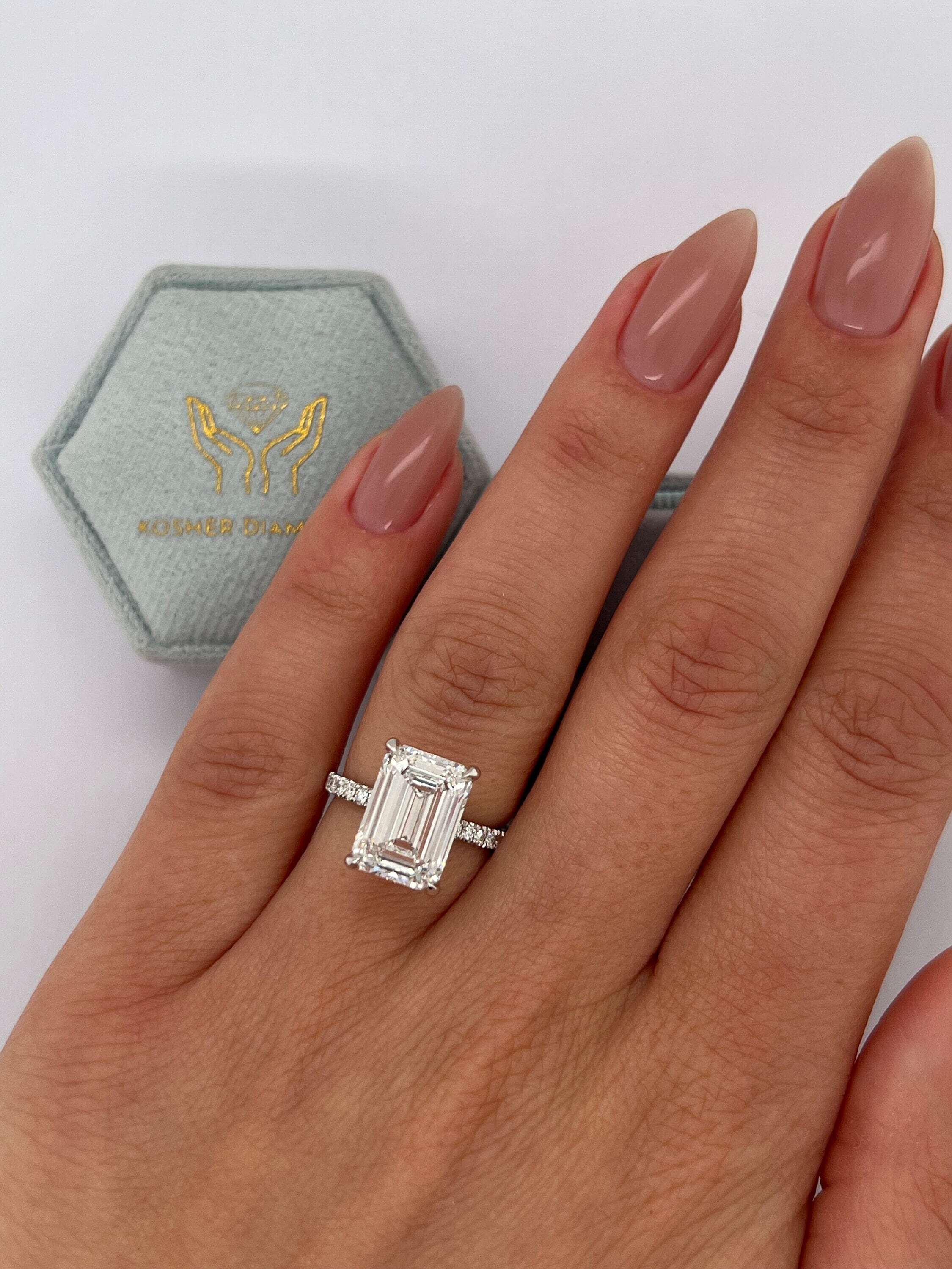 5.3 Carat Emerald Cut Diamond Solitaire Hidden Halo Engagement Ring, Side Round Diamonds