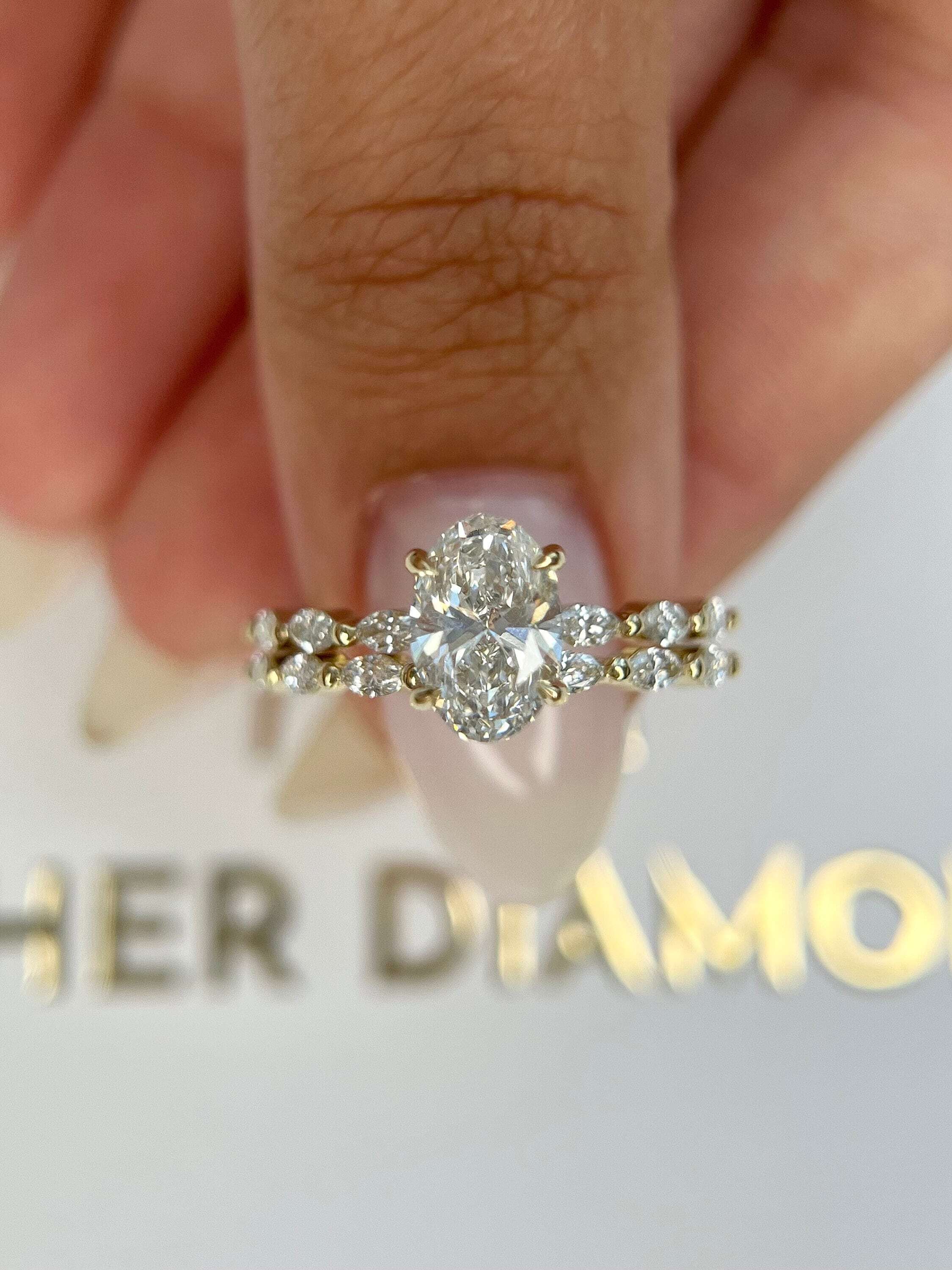 2.5 Carat D Color VVS1 Clarity Oval Cut Diamond Hidden Halo Engagement Ring Set, Matching Marquise Diamond Band