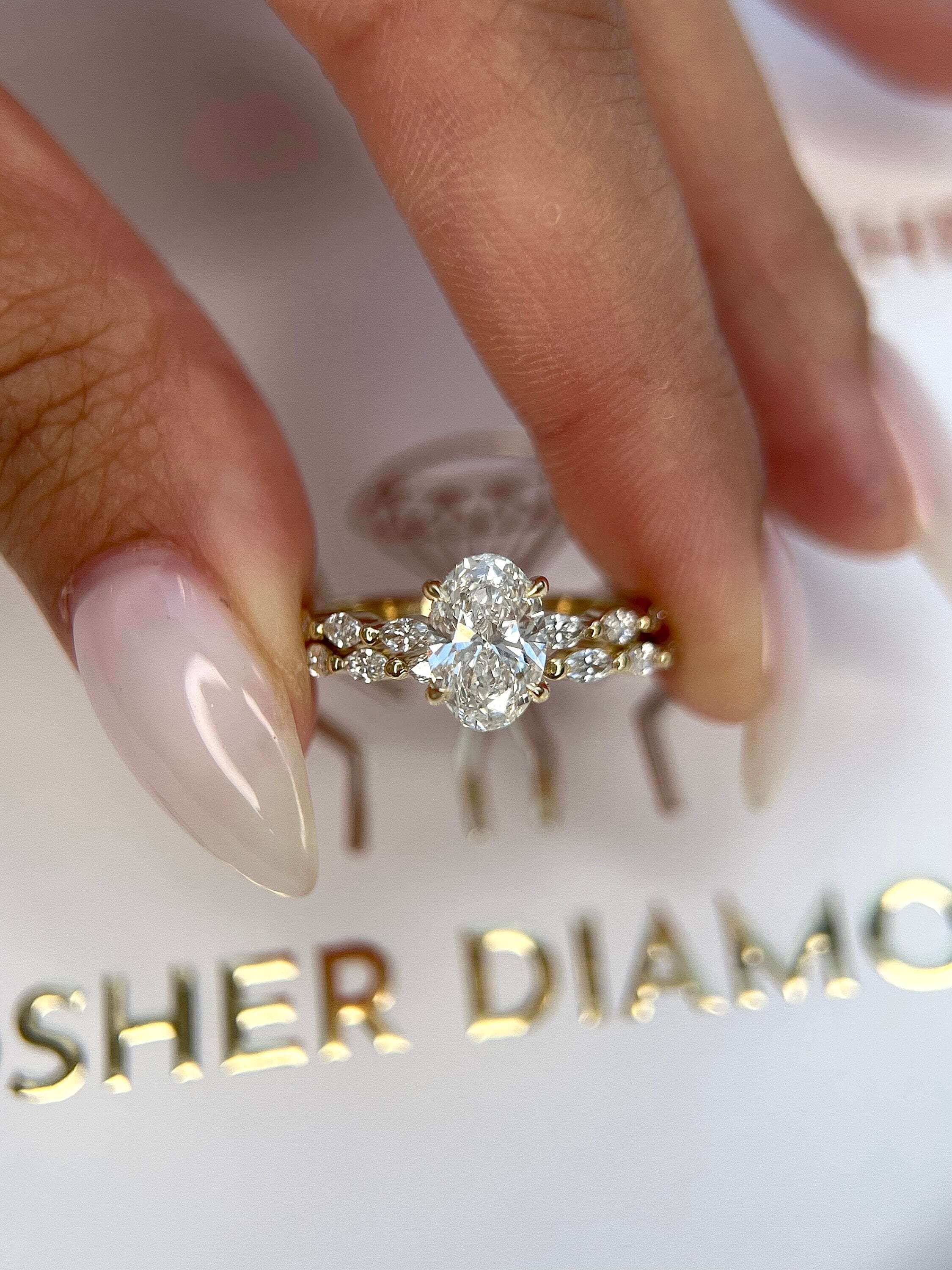 2.5 Carat D Color VVS1 Clarity Oval Cut Diamond Hidden Halo Engagement Ring Set, Matching Marquise Diamond Band
