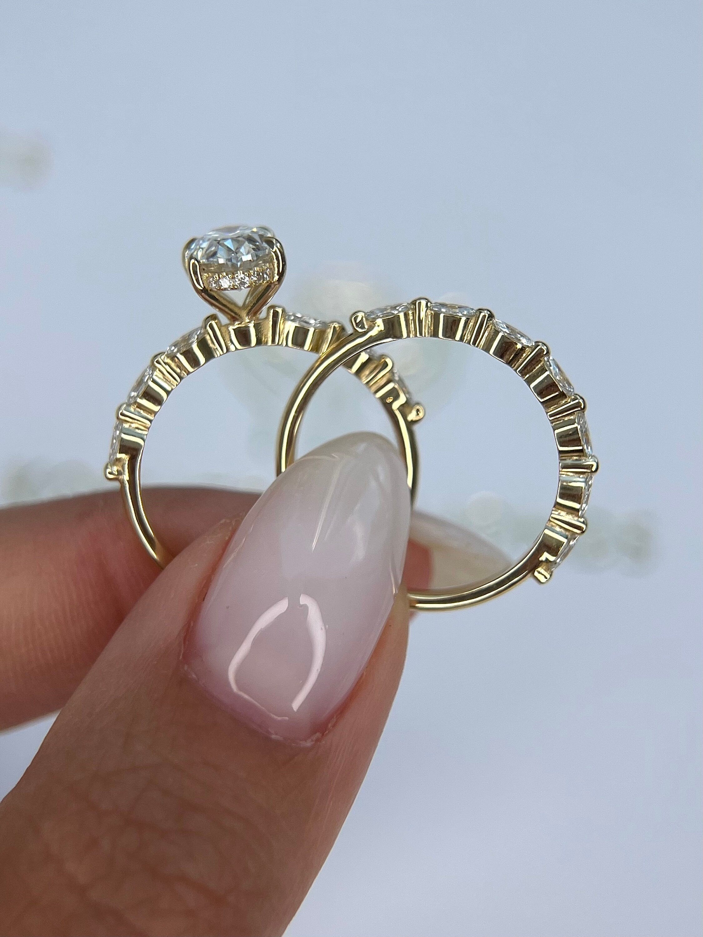 2.5 Carat D Color VVS1 Clarity Oval Cut Diamond Hidden Halo Engagement Ring Set, Matching Marquise Diamond Band
