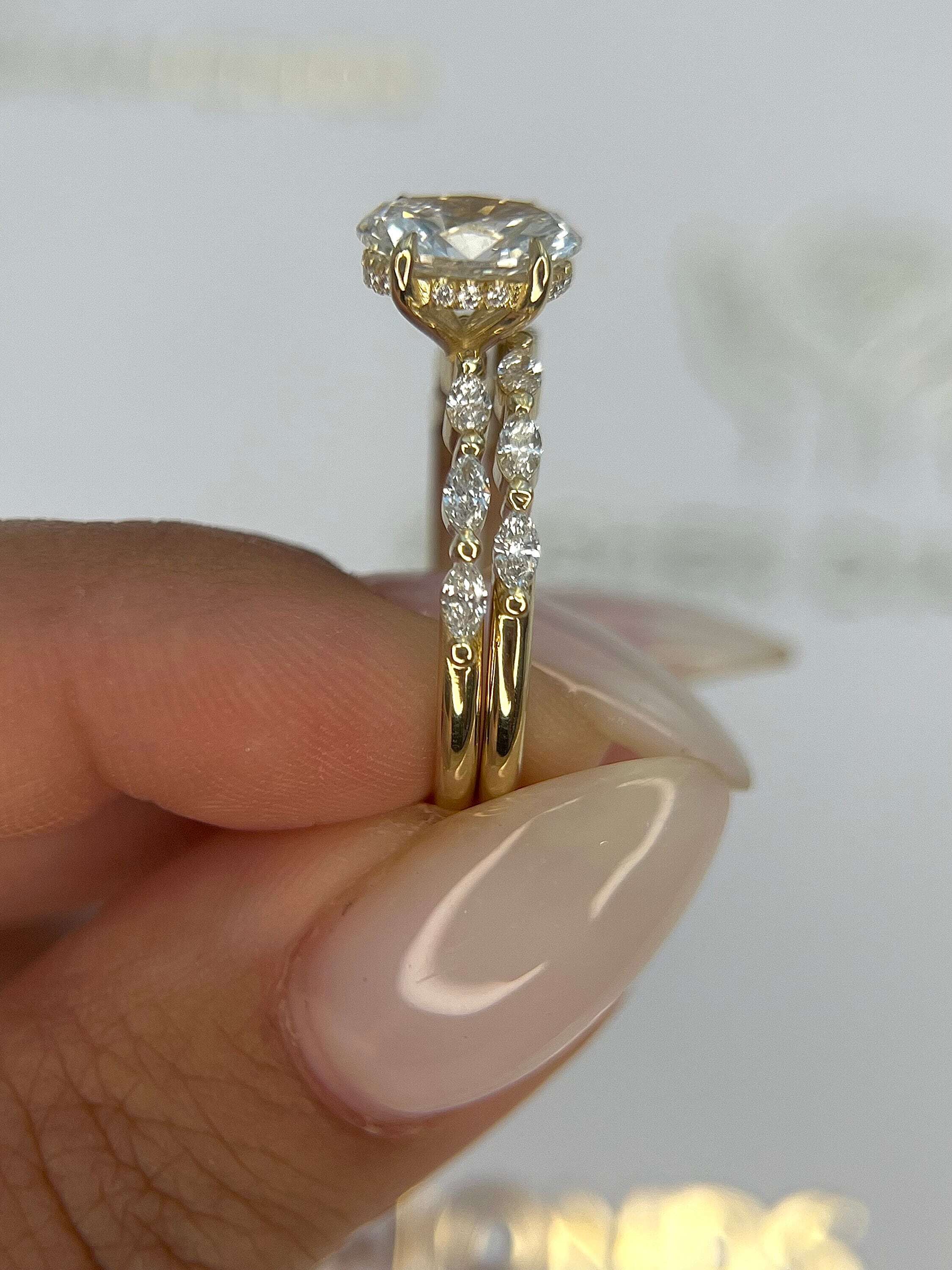 2.5 Carat D Color VVS1 Clarity Oval Cut Diamond Hidden Halo Engagement Ring Set, Matching Marquise Diamond Band