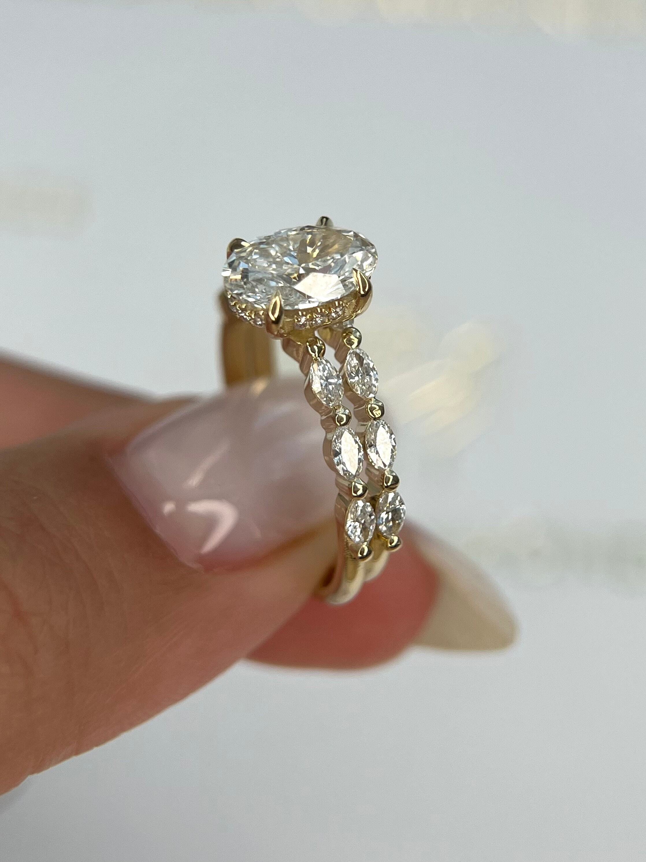 2.5 Carat D Color VVS1 Clarity Oval Cut Diamond Hidden Halo Engagement Ring Set, Matching Marquise Diamond Band