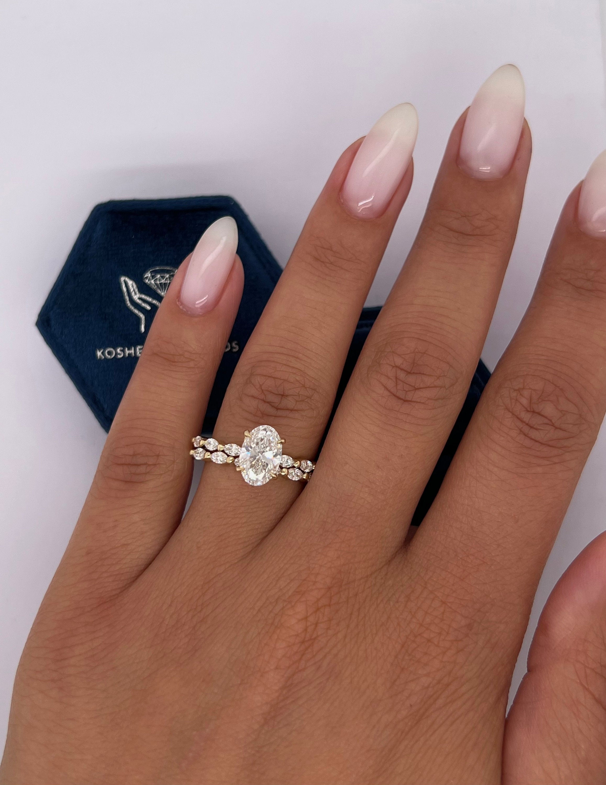 2.5 Carat D Color VVS1 Clarity Oval Cut Diamond Hidden Halo Engagement Ring Set, Matching Marquise Diamond Band