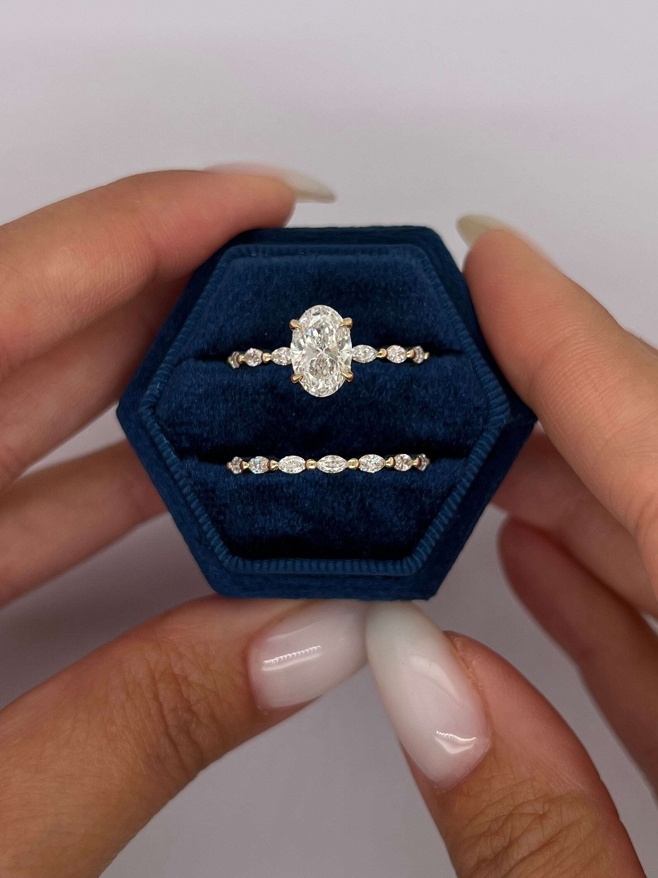 2.5 Carat D Color VVS1 Clarity Oval Cut Diamond Hidden Halo Engagement Ring Set, Matching Marquise Diamond Band