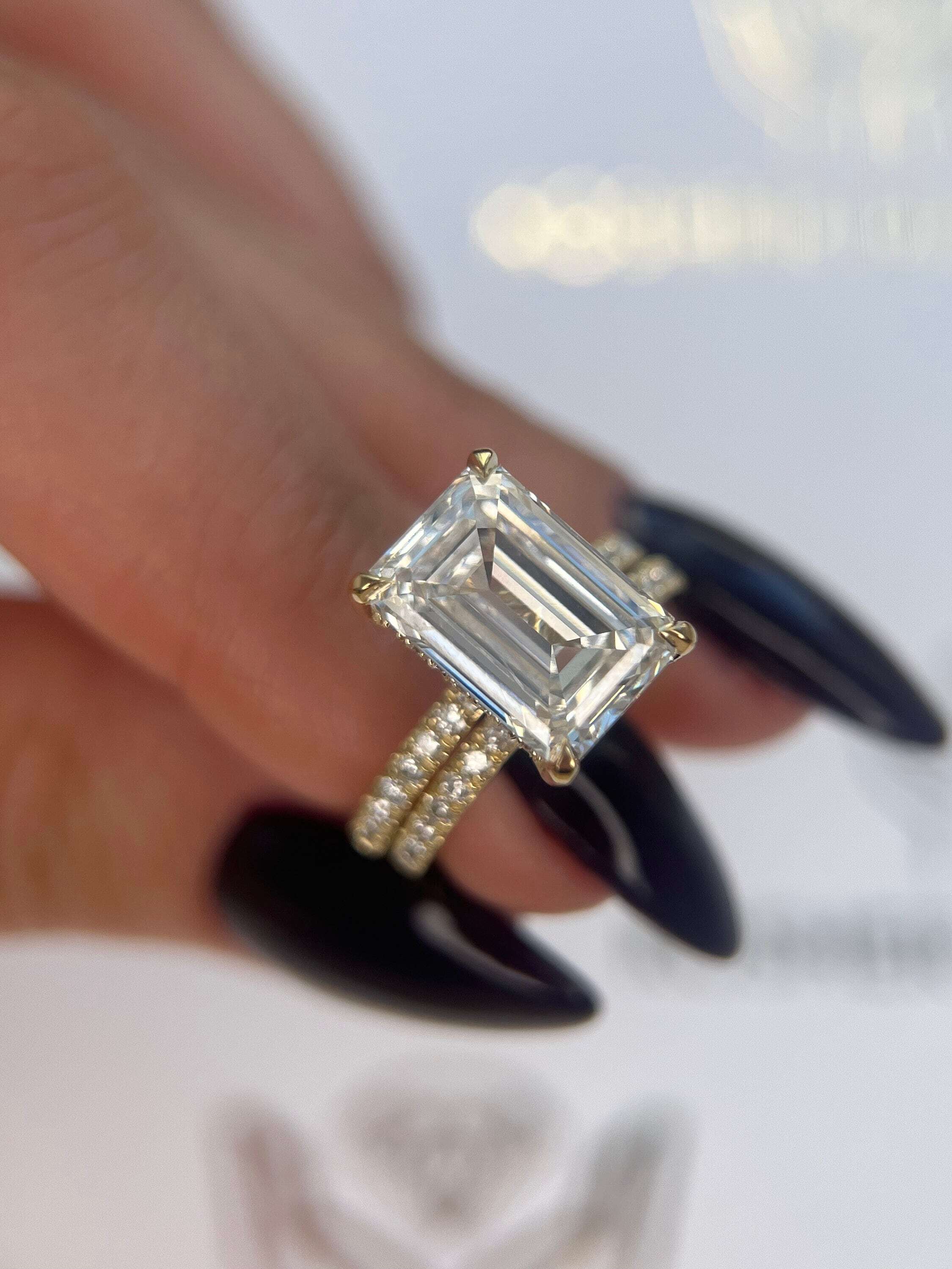 5.5 Carat Emerald Cut Diamond Hidden Halo Engagement Ring & Matching Band Wedding Set