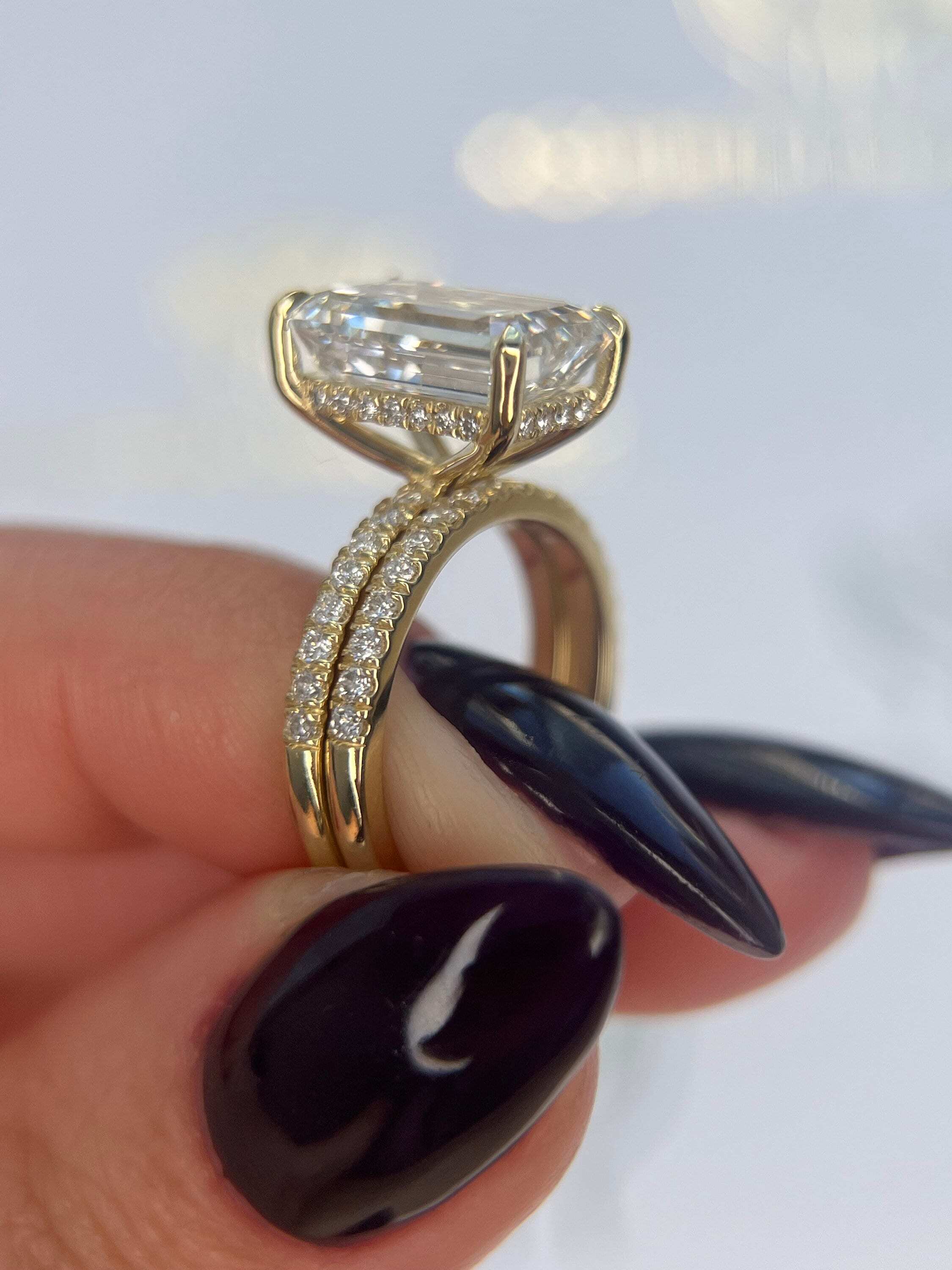5.5 Carat Emerald Cut Diamond Hidden Halo Engagement Ring & Matching Band Wedding Set
