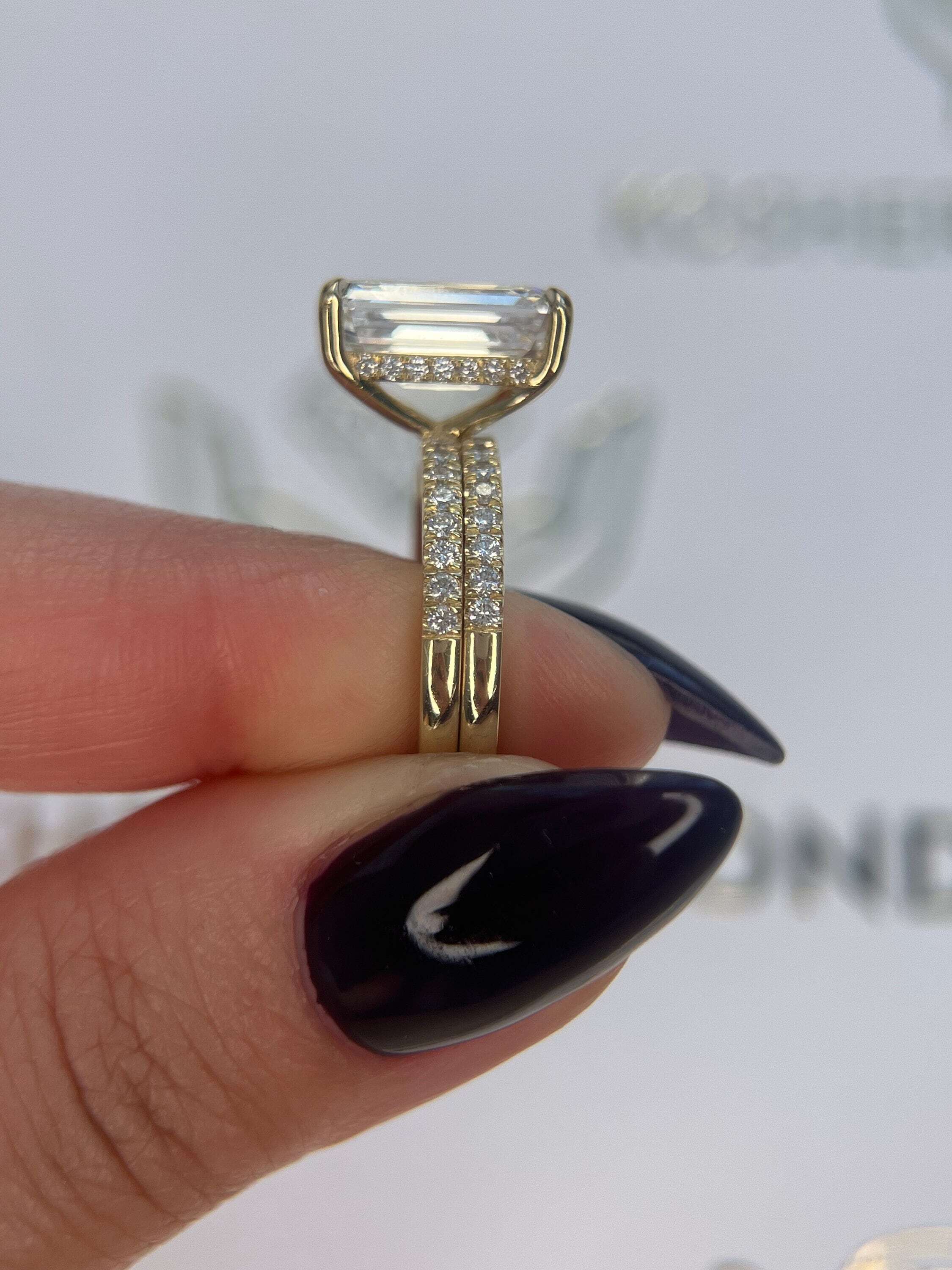 5.5 Carat Emerald Cut Diamond Hidden Halo Engagement Ring & Matching Band Wedding Set