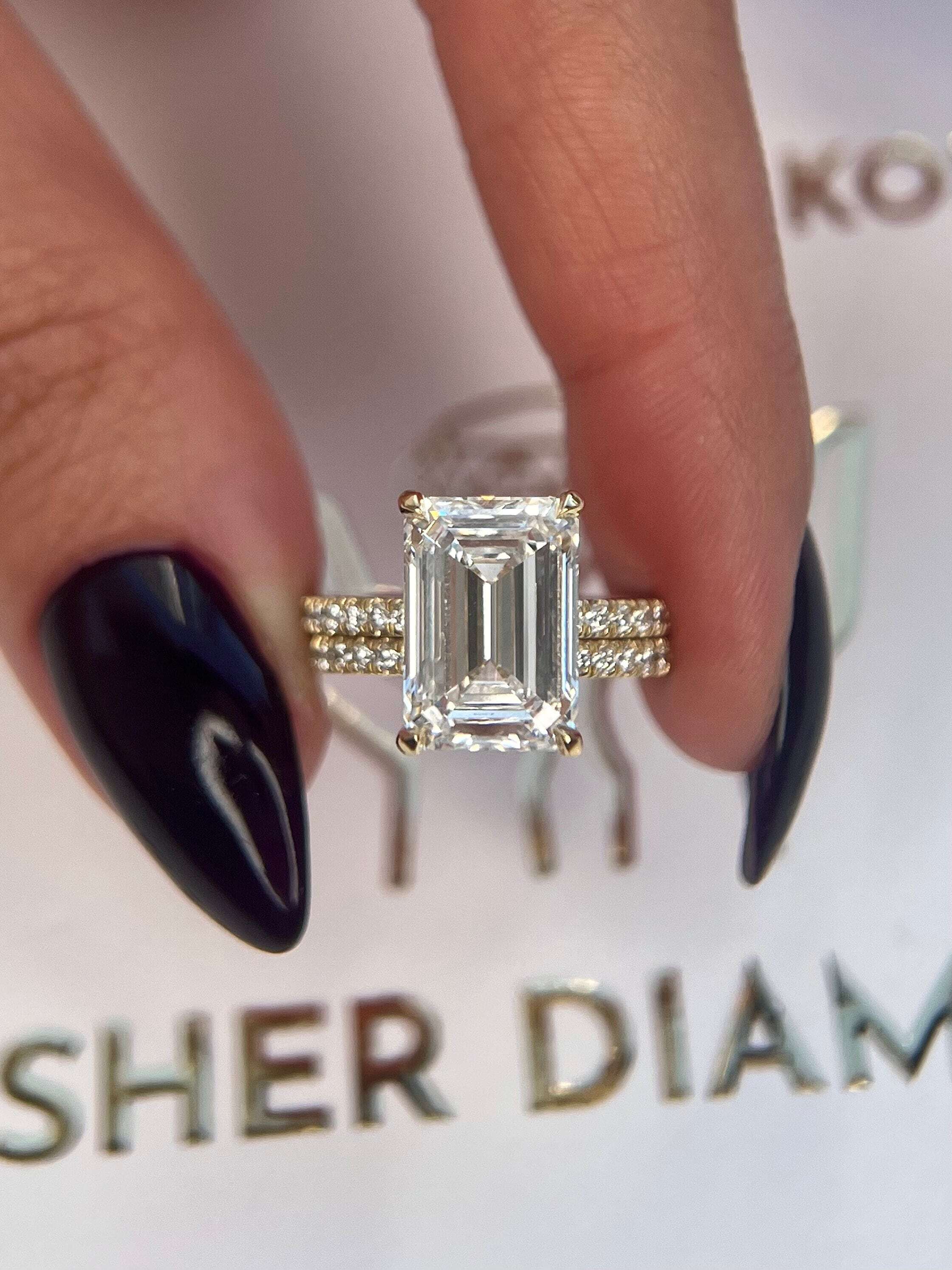 5.5 Carat Emerald Cut Diamond Hidden Halo Engagement Ring & Matching Band Wedding Set