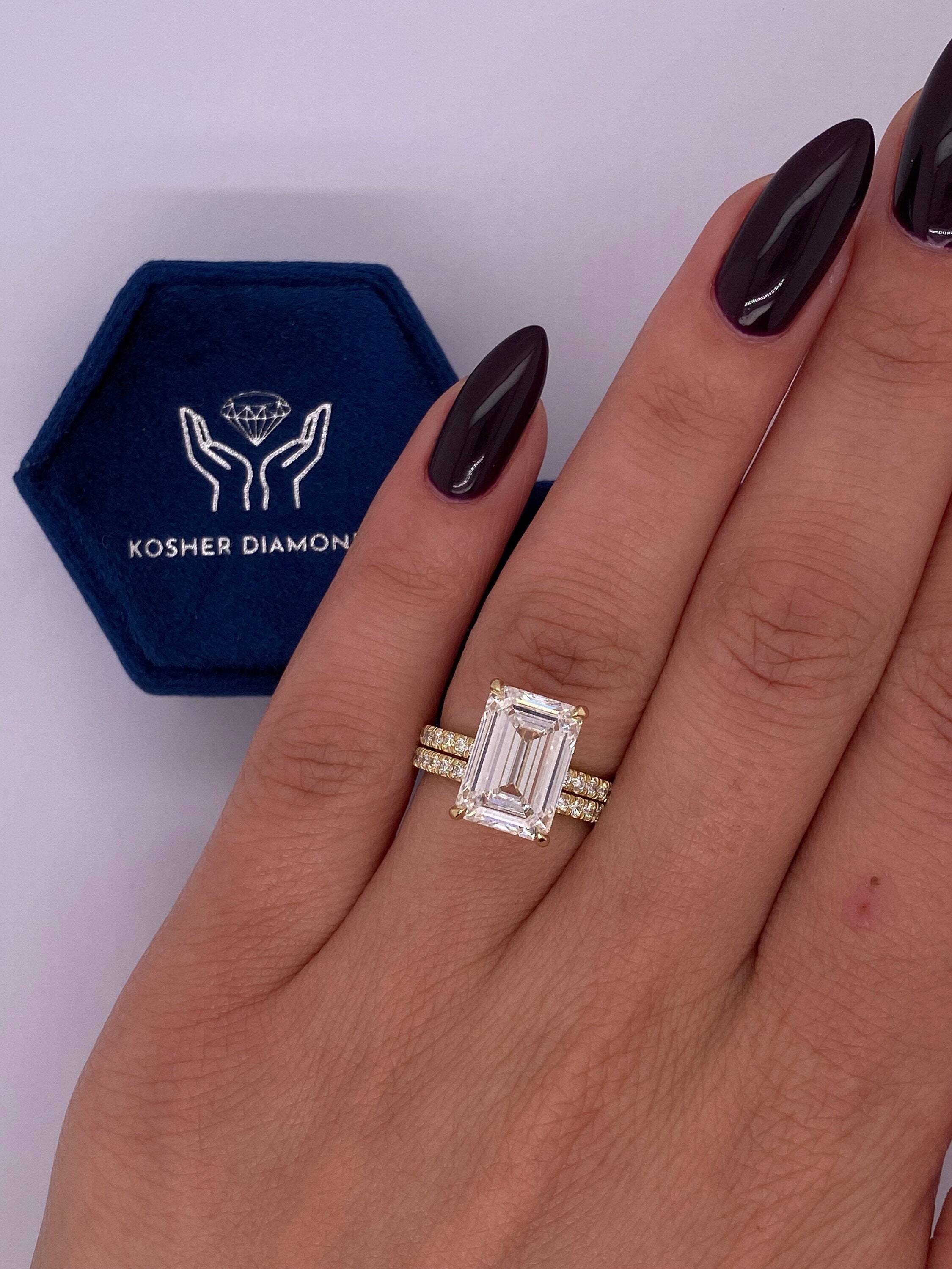5.5 Carat Emerald Cut Diamond Hidden Halo Engagement Ring & Matching Band Wedding Set