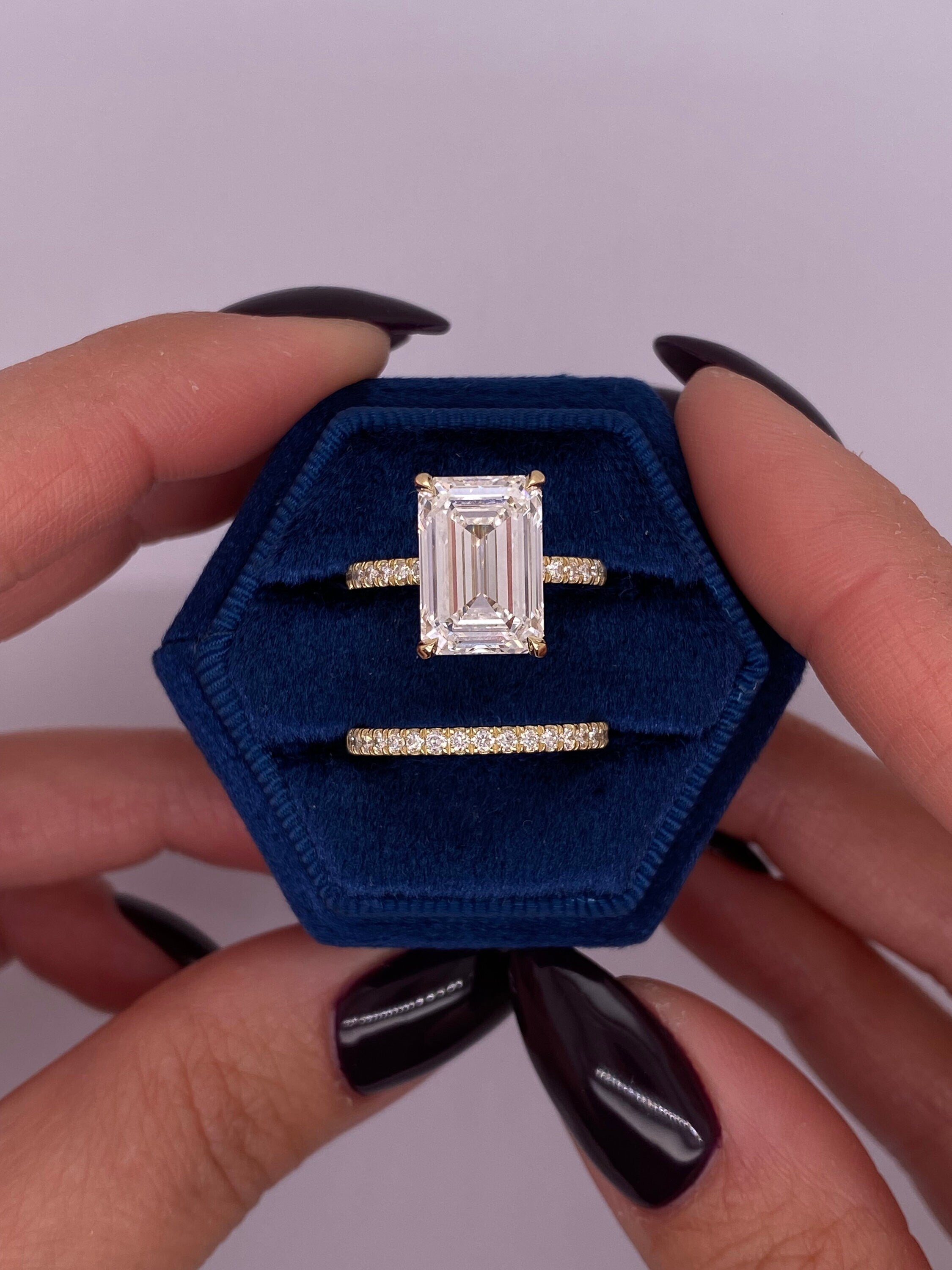 5.5 Carat Emerald Cut Diamond Hidden Halo Engagement Ring & Matching Band Wedding Set