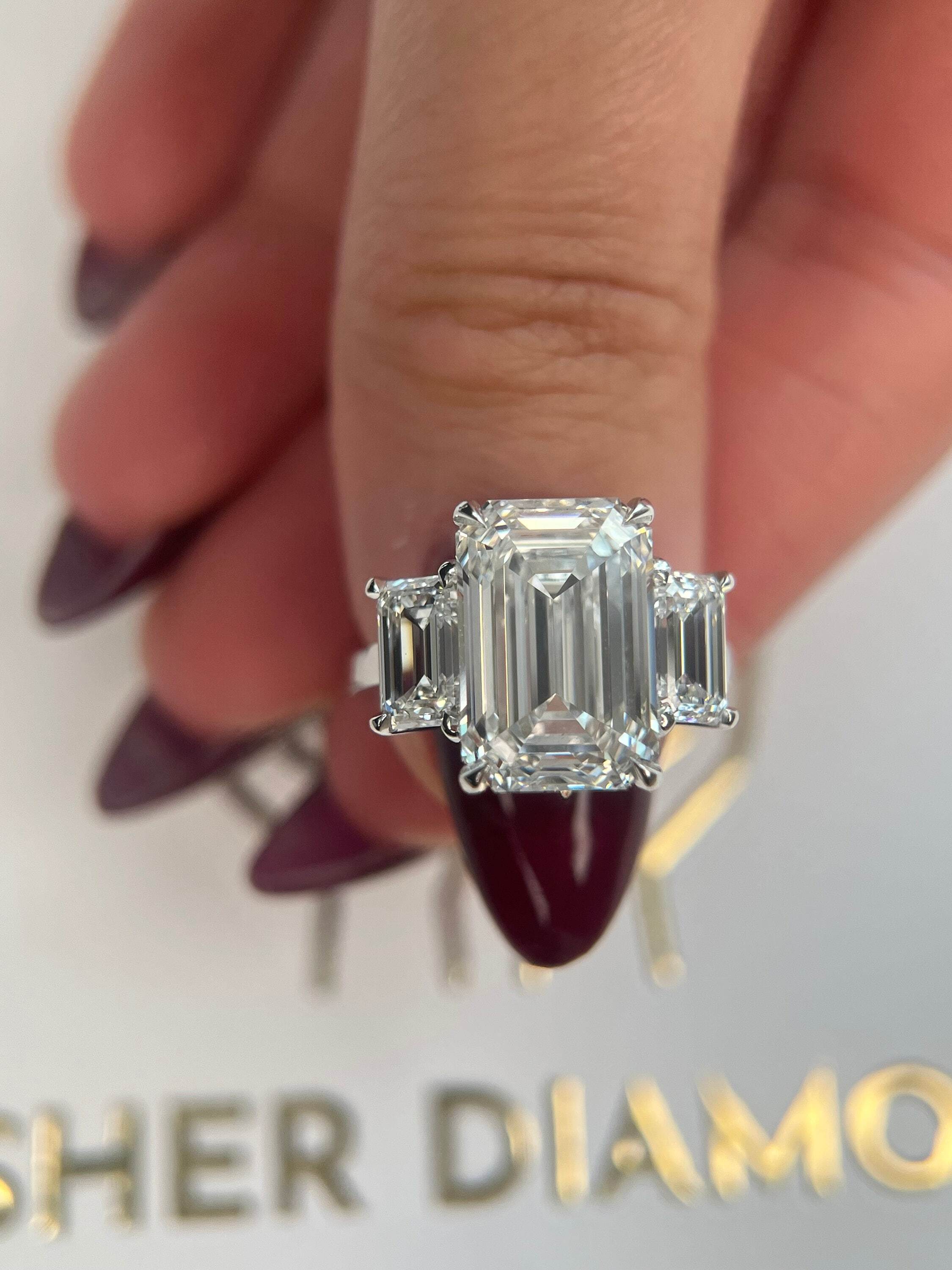 8 Carat Three Stone Emerald Cut Diamond Engagement Ring
