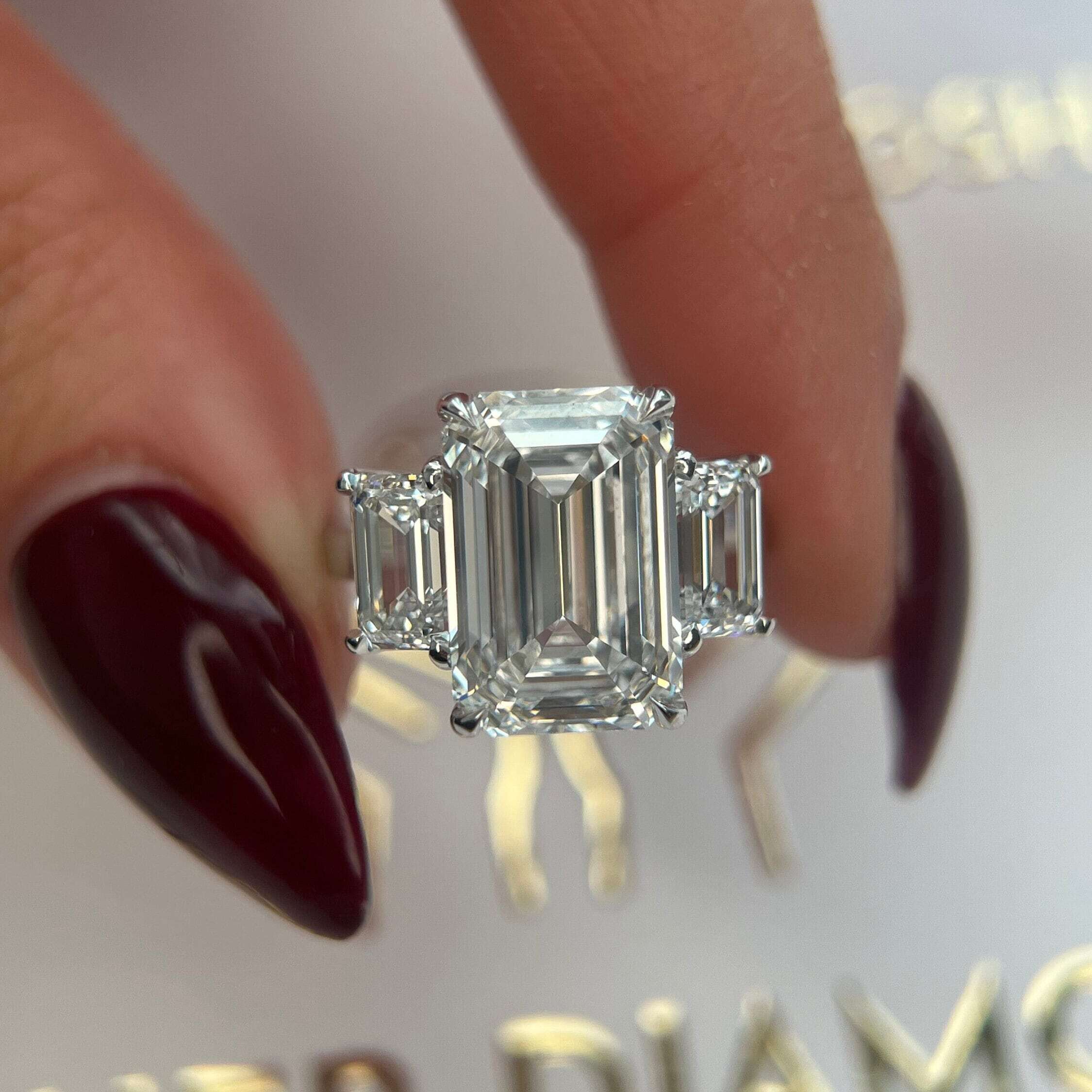 8 Carat Three Stone Emerald Cut Diamond Engagement Ring
