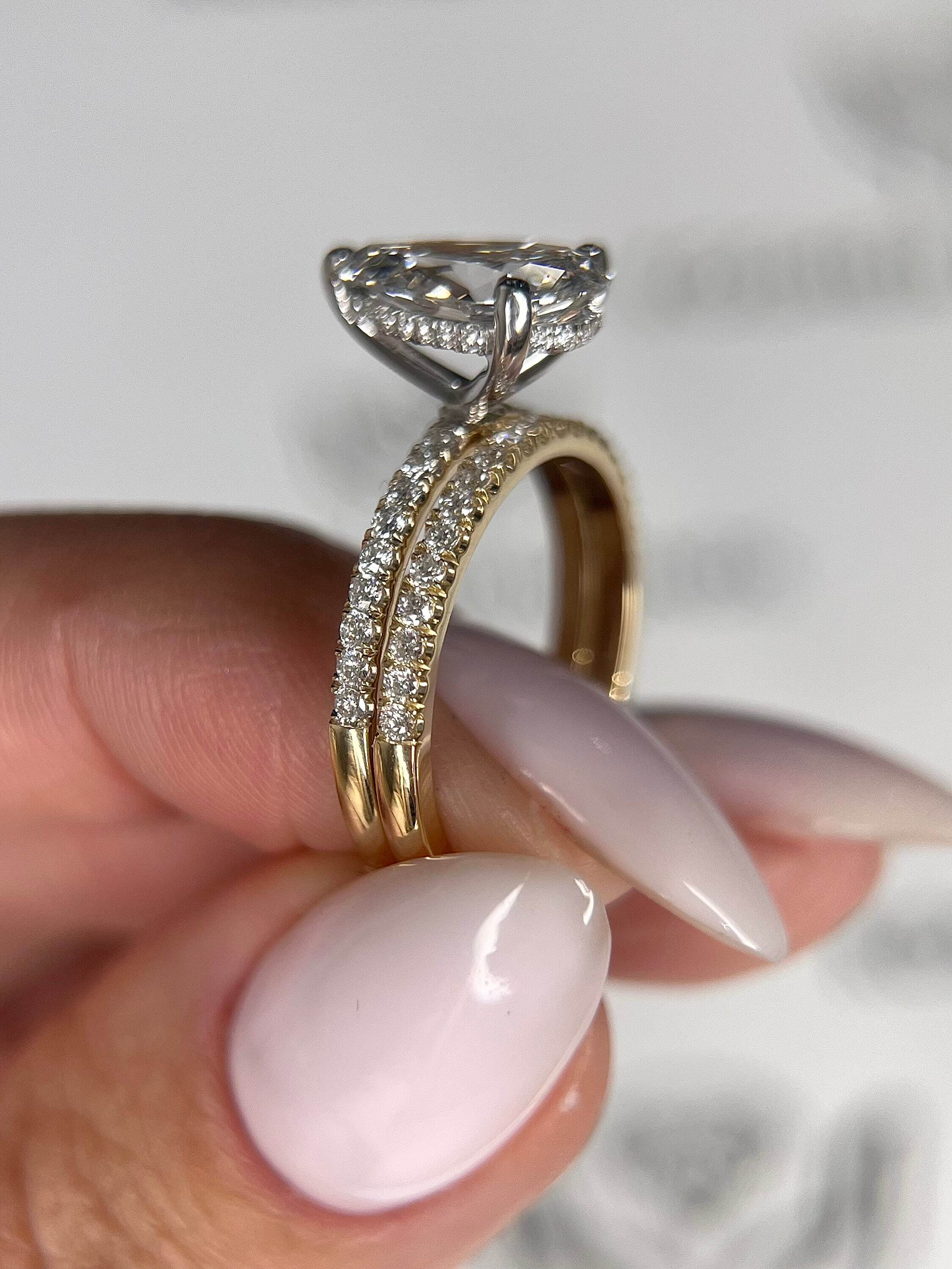 2.5 Carat Pear Cut Hidden Halo Diamond Engagement Ring Set, Matching Round Diamond Wedding Band