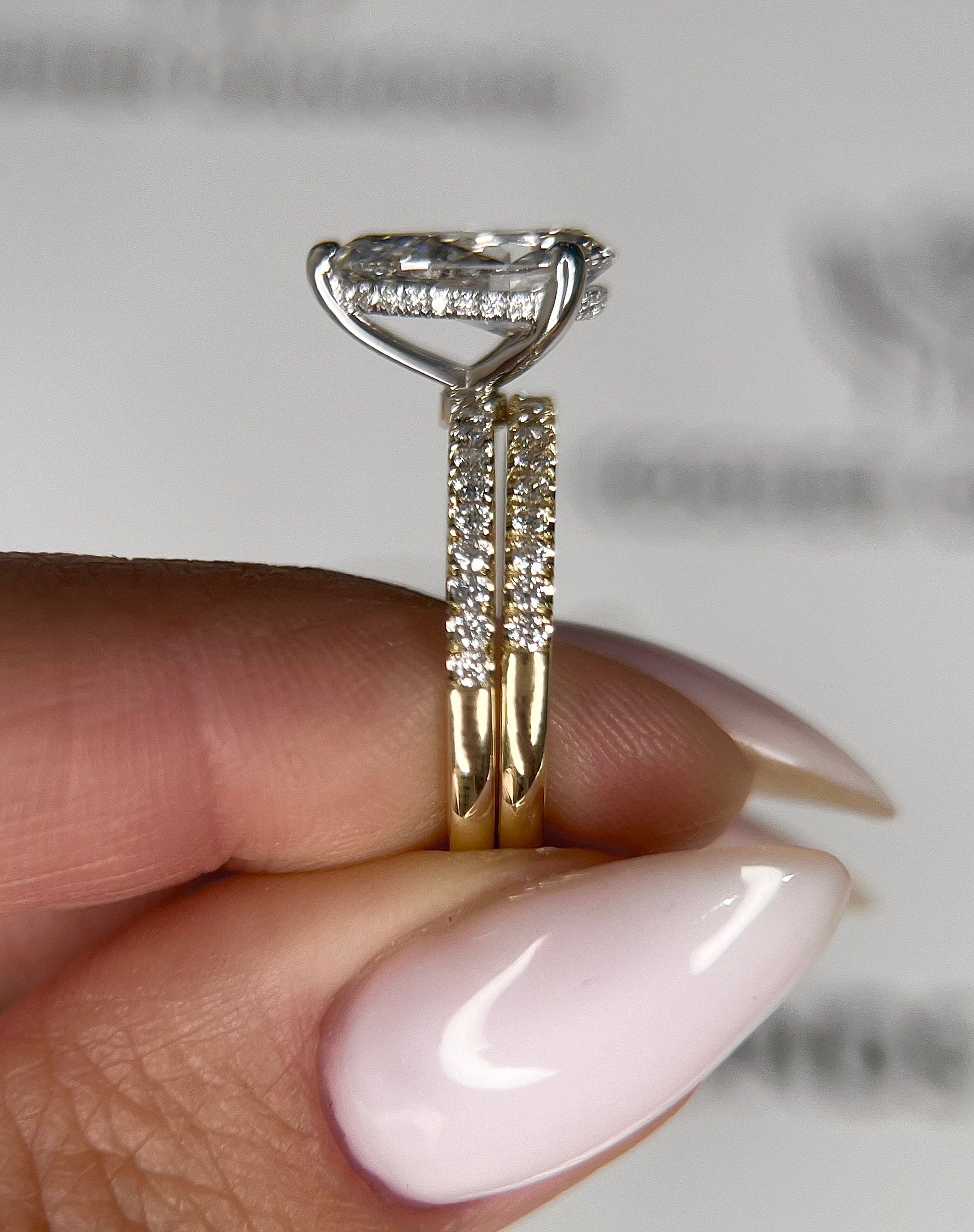 2.5 Carat Pear Cut Hidden Halo Diamond Engagement Ring Set, Matching Round Diamond Wedding Band