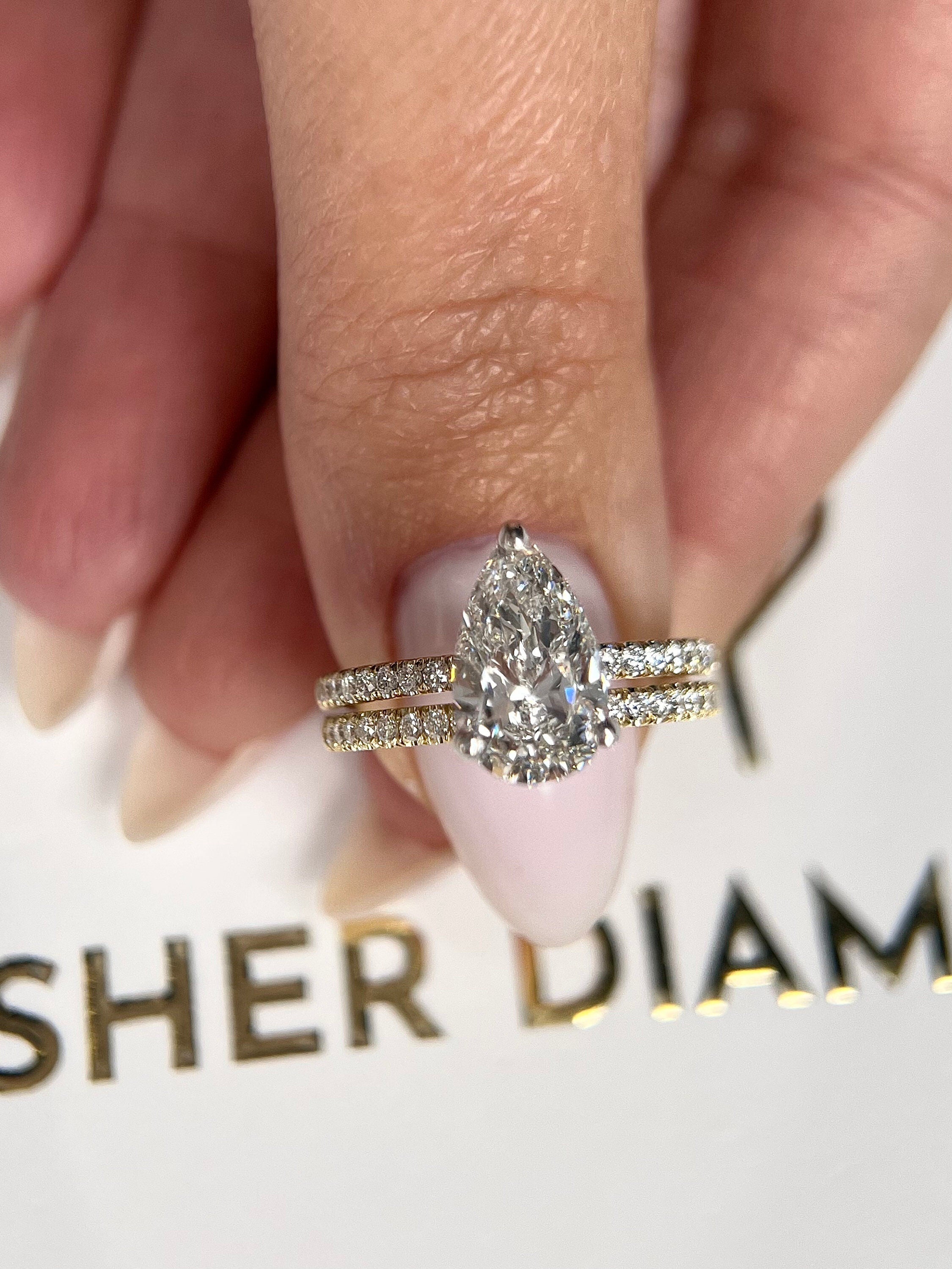 2.5 Carat Pear Cut Hidden Halo Diamond Engagement Ring Set, Matching Round Diamond Wedding Band