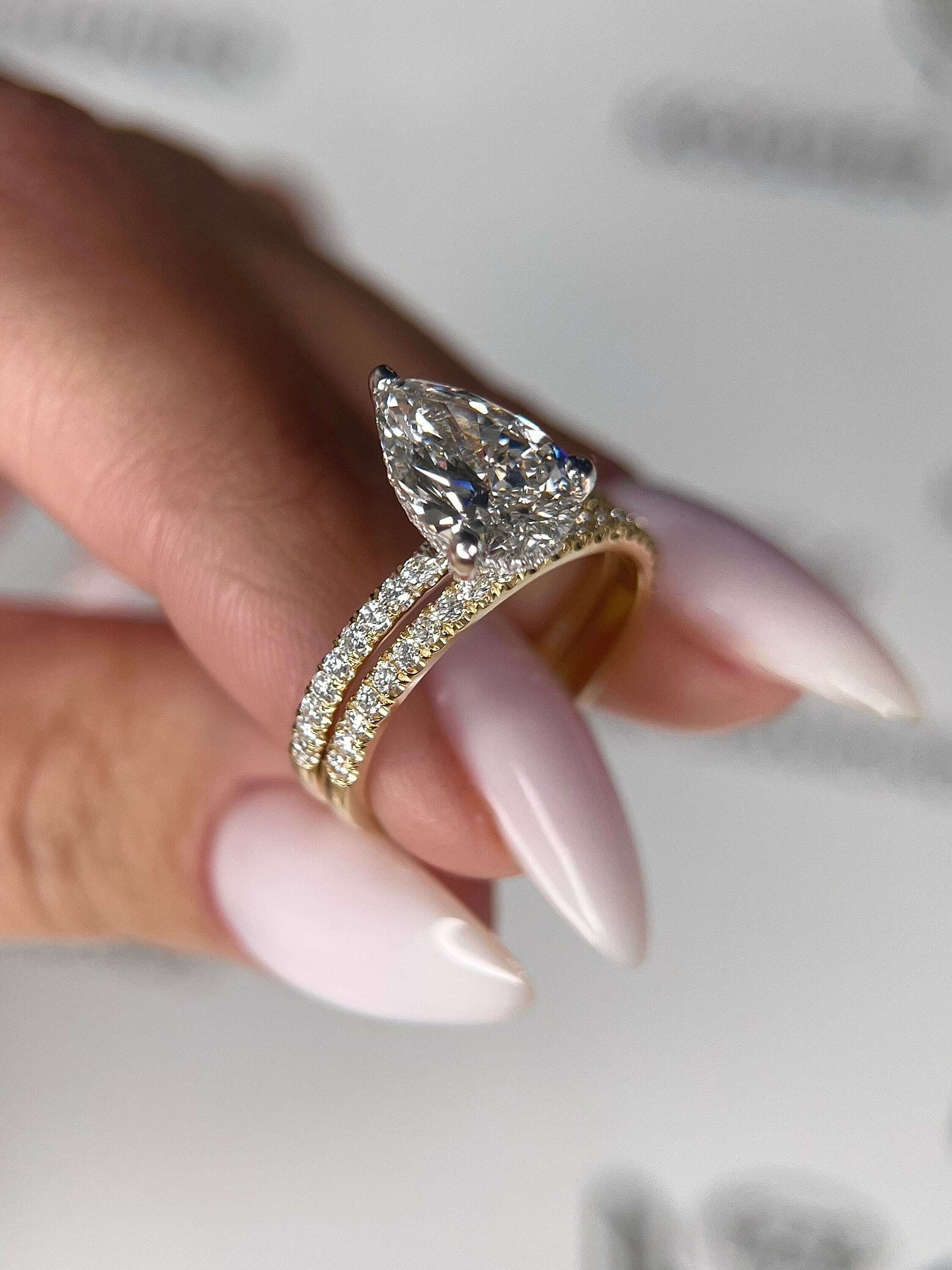 2.5 Carat Pear Cut Hidden Halo Diamond Engagement Ring Set, Matching Round Diamond Wedding Band