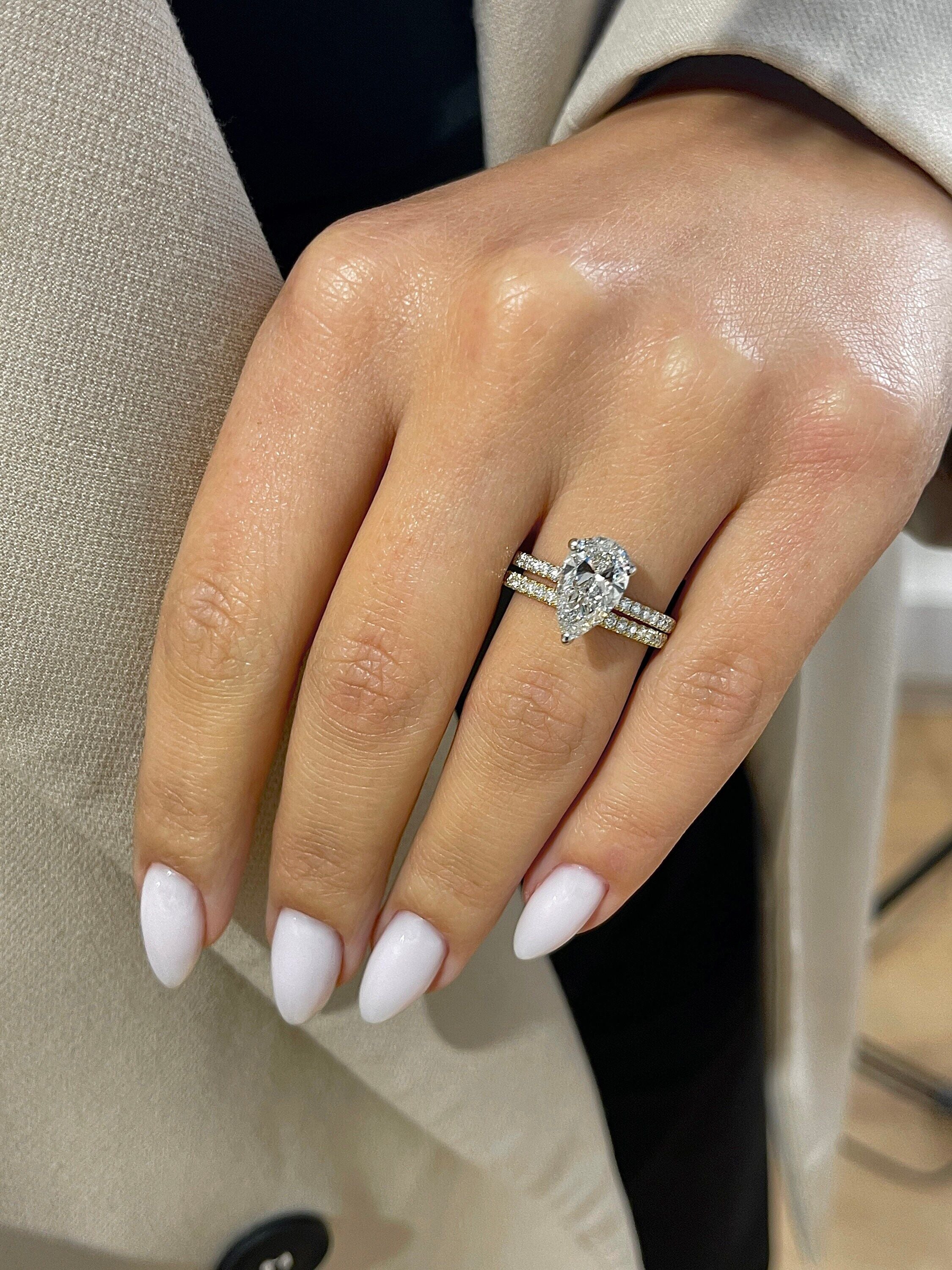 2.5 Carat Pear Cut Hidden Halo Diamond Engagement Ring Set, Matching Round Diamond Wedding Band