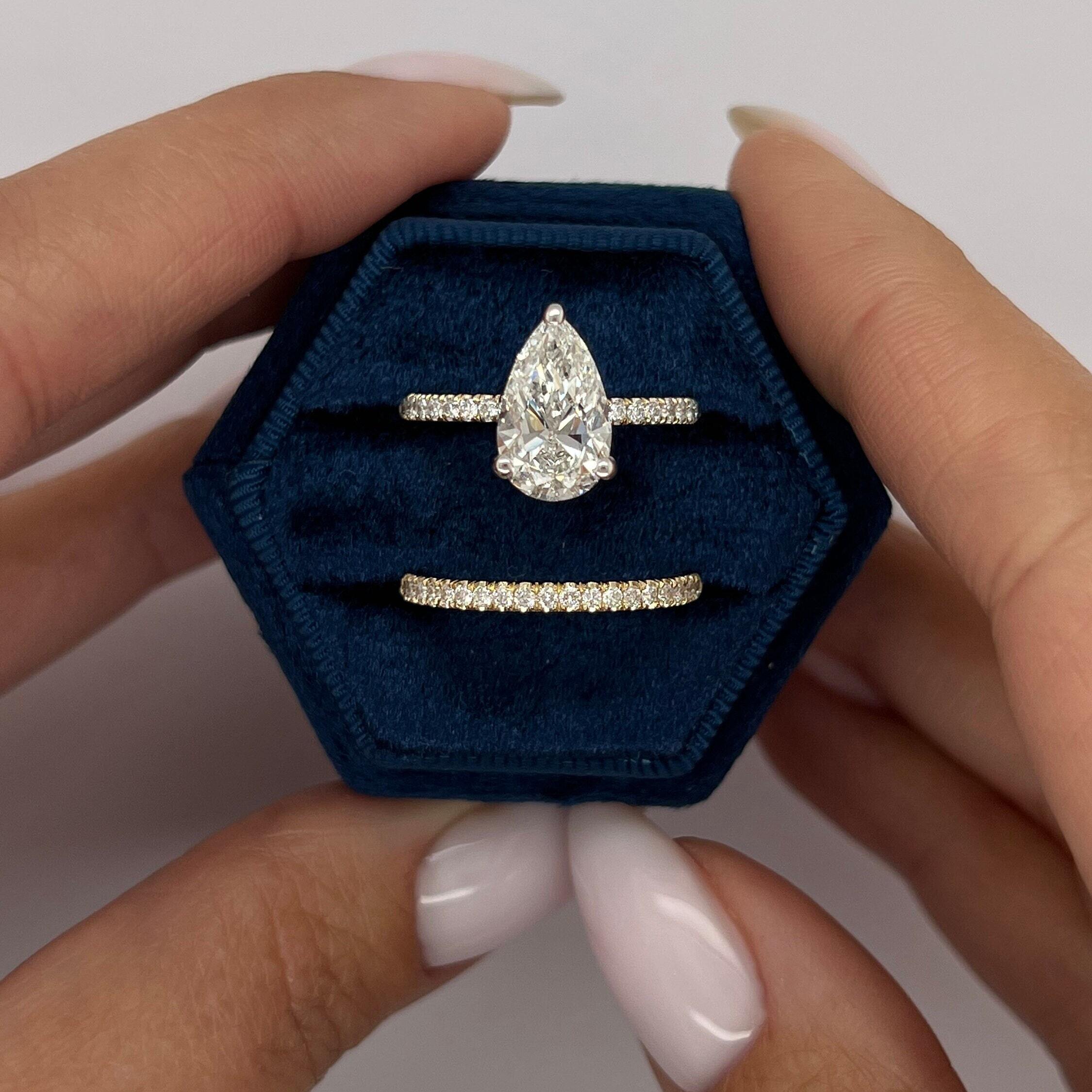 2.5 Carat Pear Cut Hidden Halo Diamond Engagement Ring Set, Matching Round Diamond Wedding Band