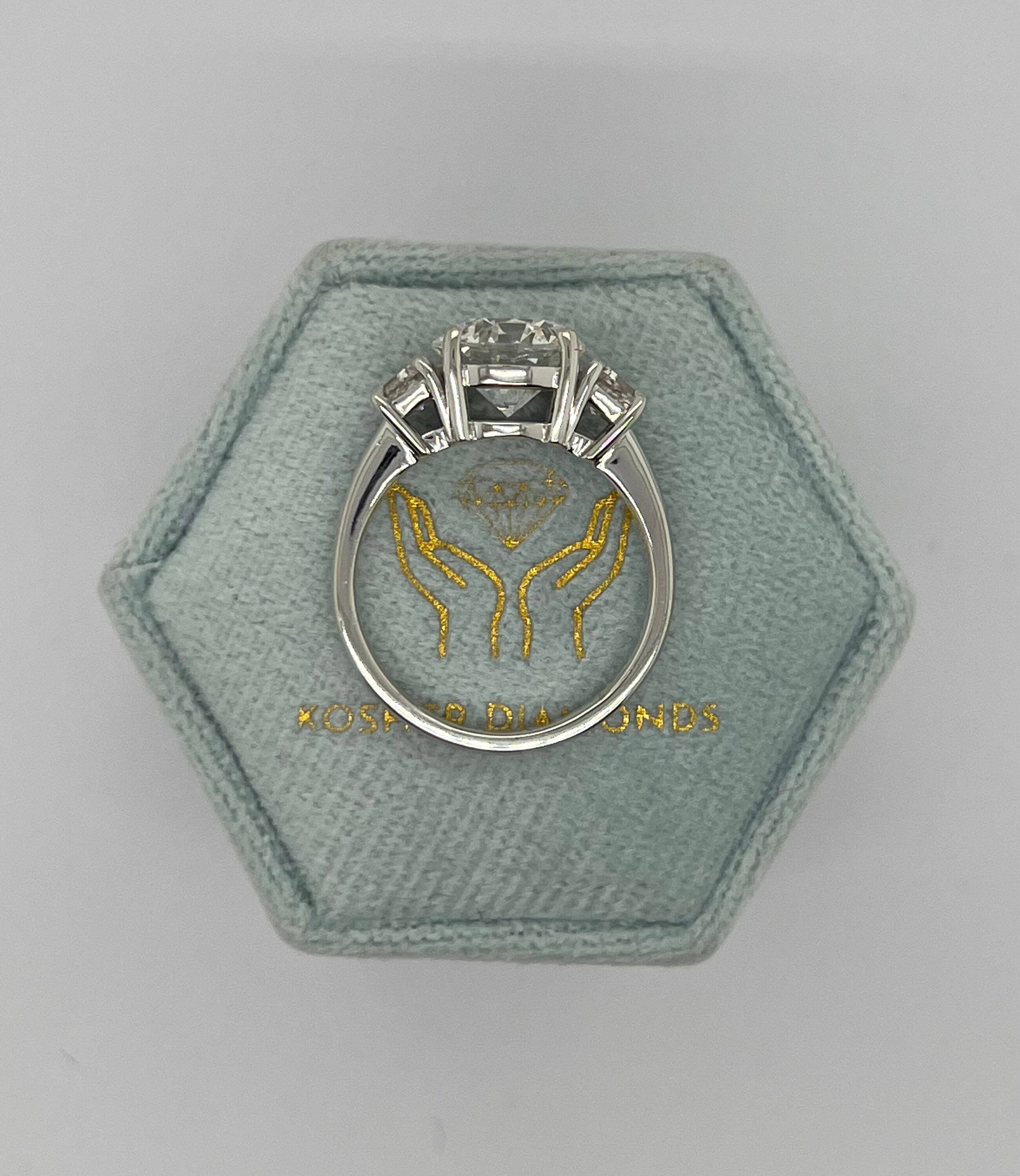 3 Carat Three Stone Round Ideal Cut Diamond Engagement Ring, Side Trapezoid Diamonds