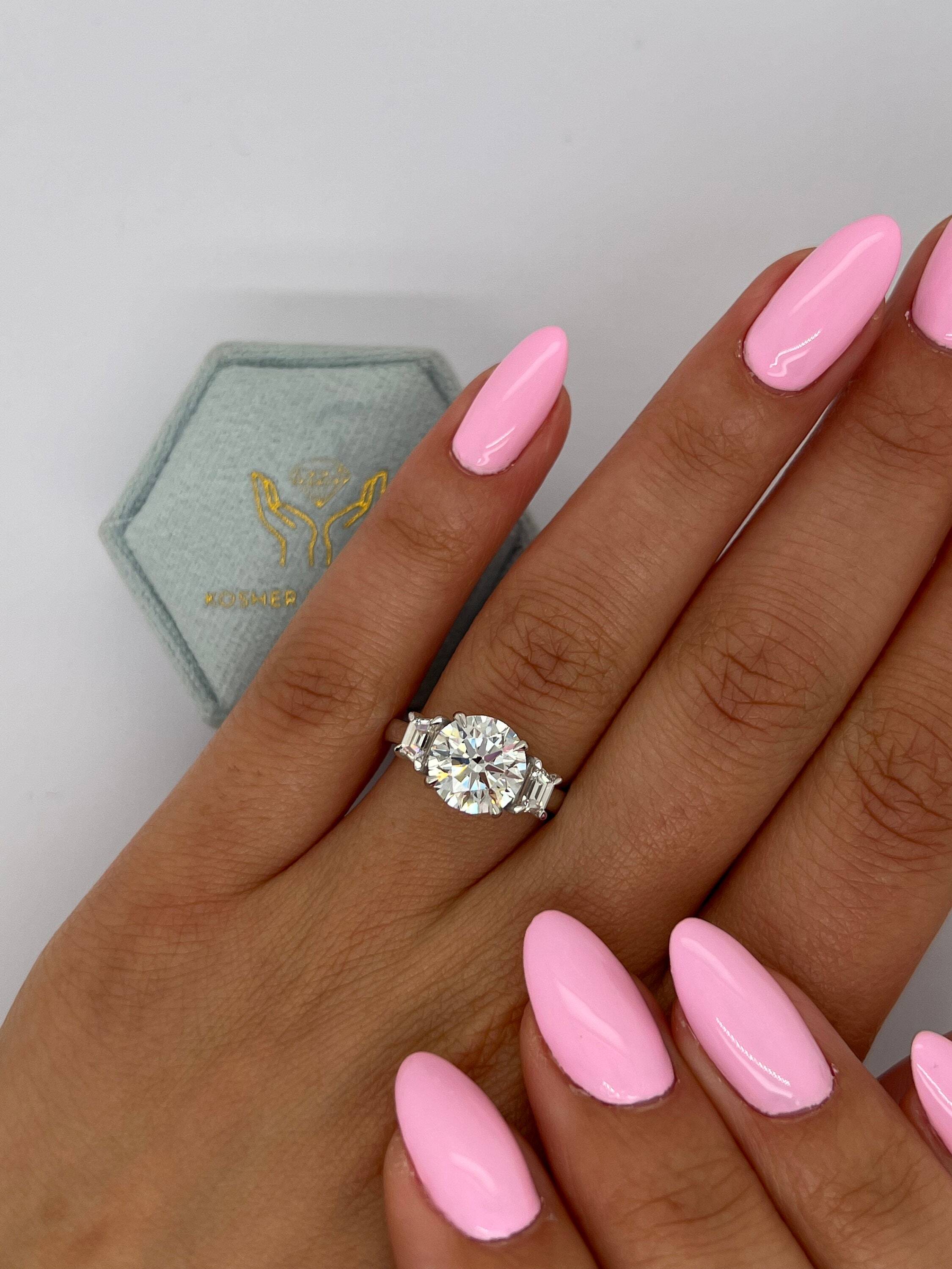 3 Carat Three Stone Round Ideal Cut Diamond Engagement Ring, Side Trapezoid Diamonds