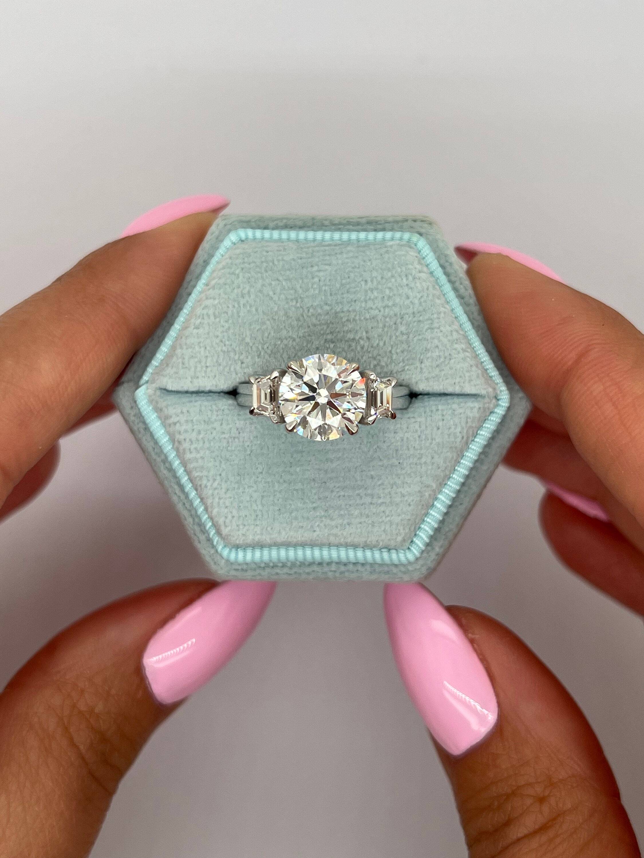 3 Carat Three Stone Round Ideal Cut Diamond Engagement Ring, Side Trapezoid Diamonds