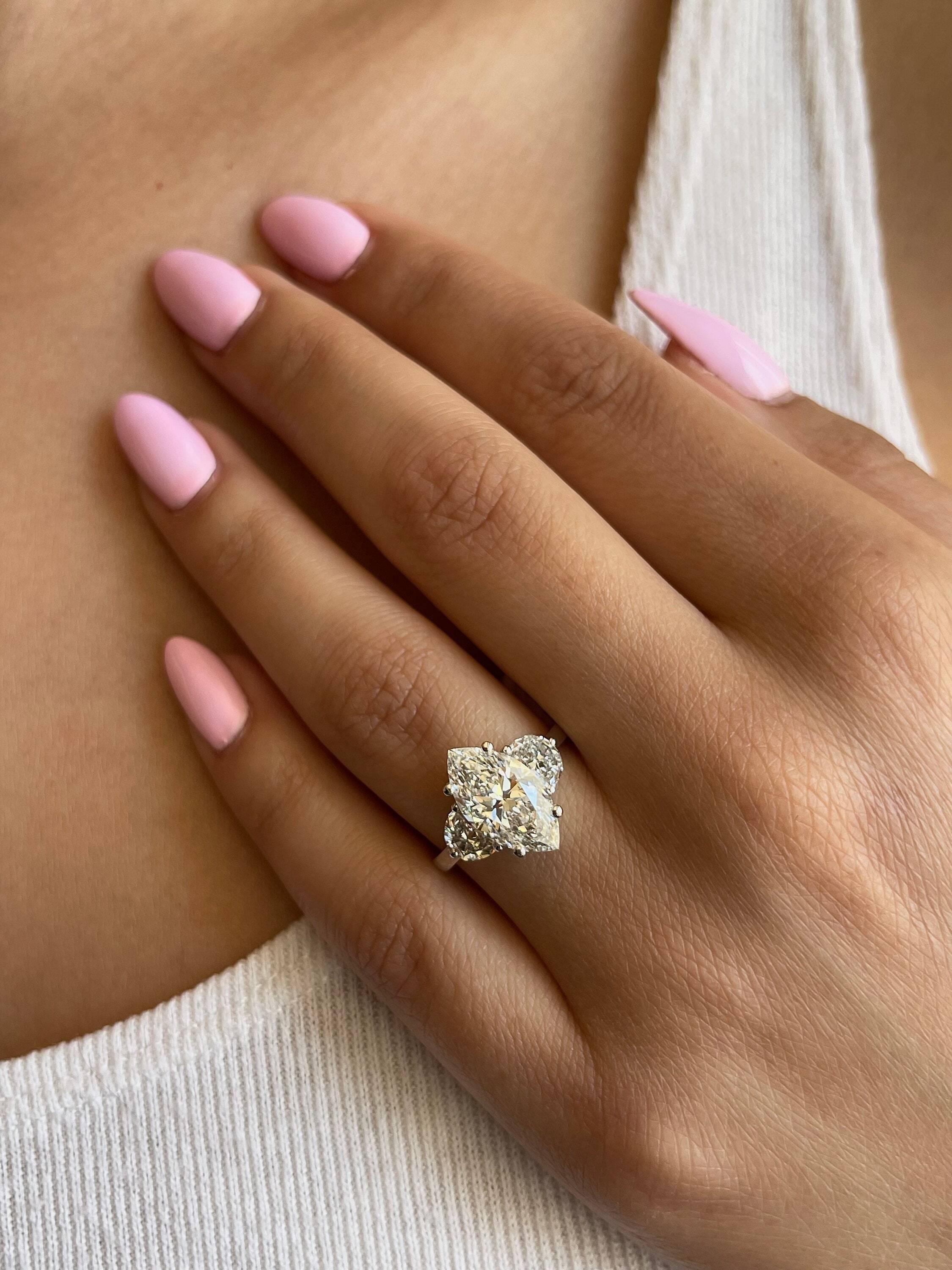 5 Carat Marquise Cut Diamond Three Stone Engagement Ring, Half Moon Sides Stones
