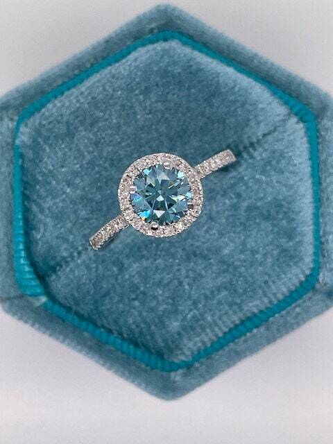 1.5 Carat Fancy Vivid Blue Round Cut Diamond Halo Cathedral Engagement Ring with Pavé Side Diamonds