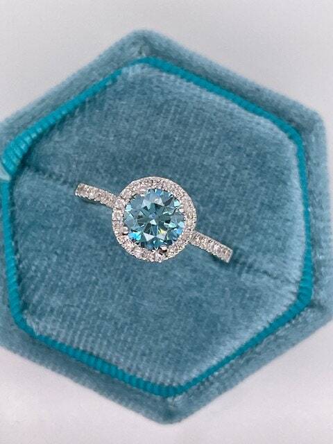 1.5 Carat Fancy Vivid Blue Round Cut Diamond Halo Cathedral Engagement Ring with Pavé Side Diamonds