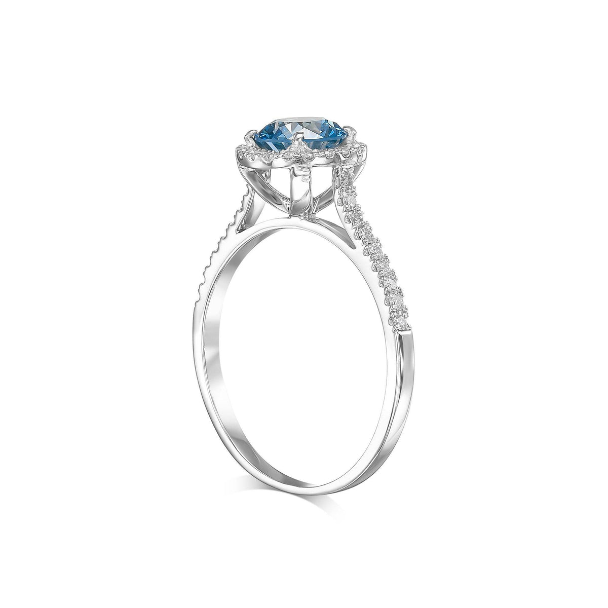 1.5 Carat Fancy Vivid Blue Round Cut Diamond Halo Cathedral Engagement Ring with Pavé Side Diamonds