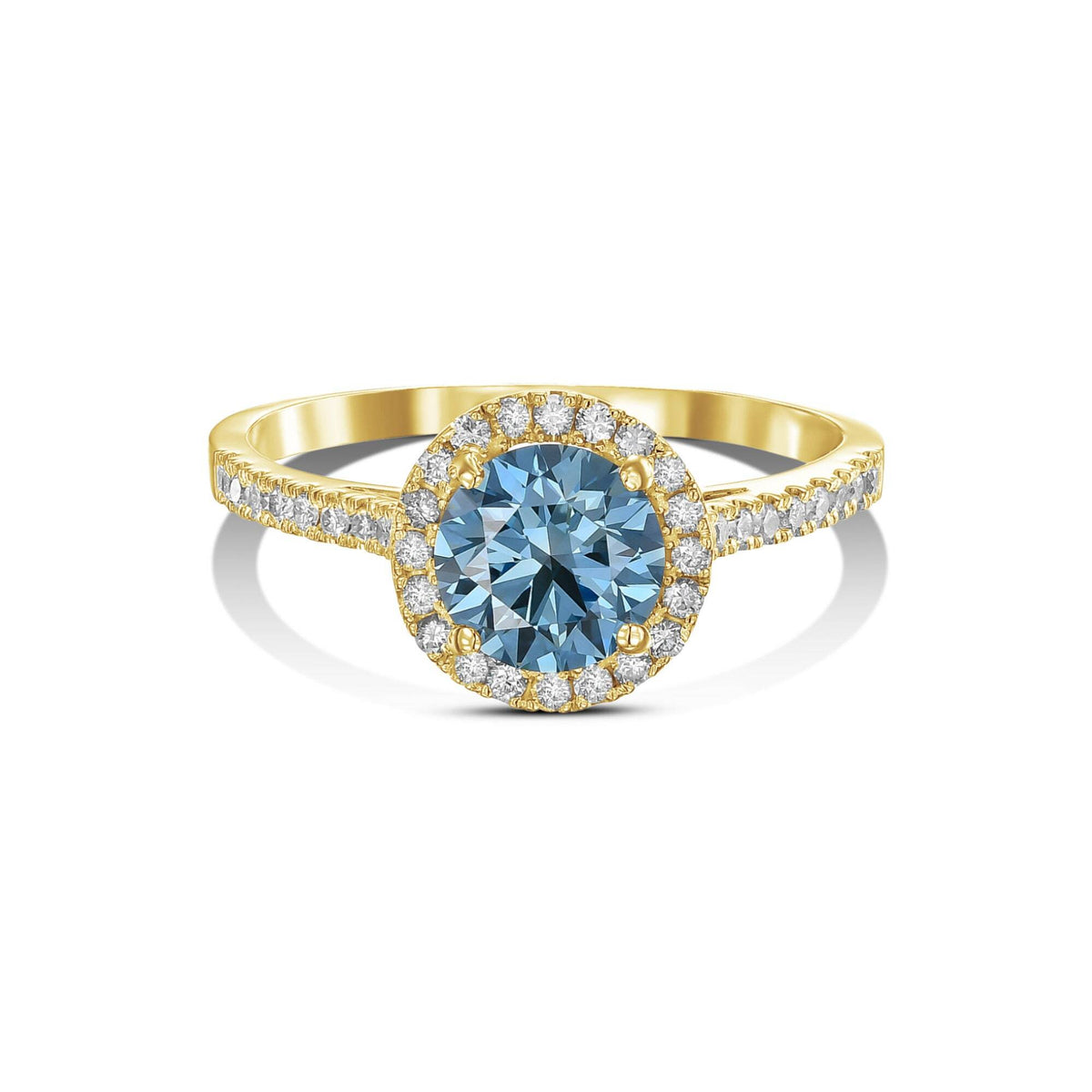 1.5 Carat Fancy Vivid Blue Round Cut Diamond Halo Cathedral Engagement Ring with Pavé Side Diamonds